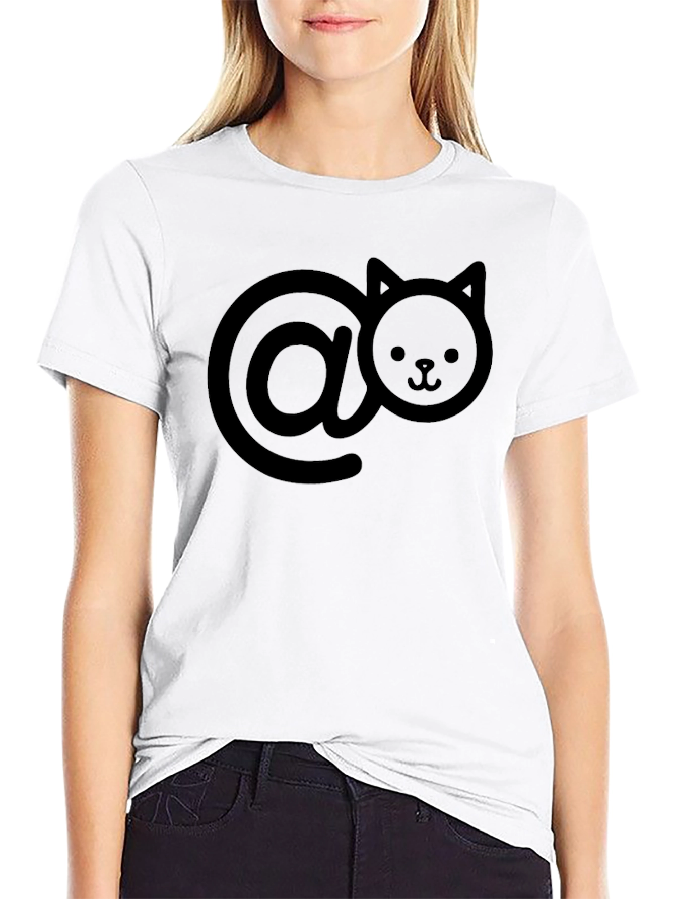 Cute Cat At Symbol T-Shirt - Black Casual Style