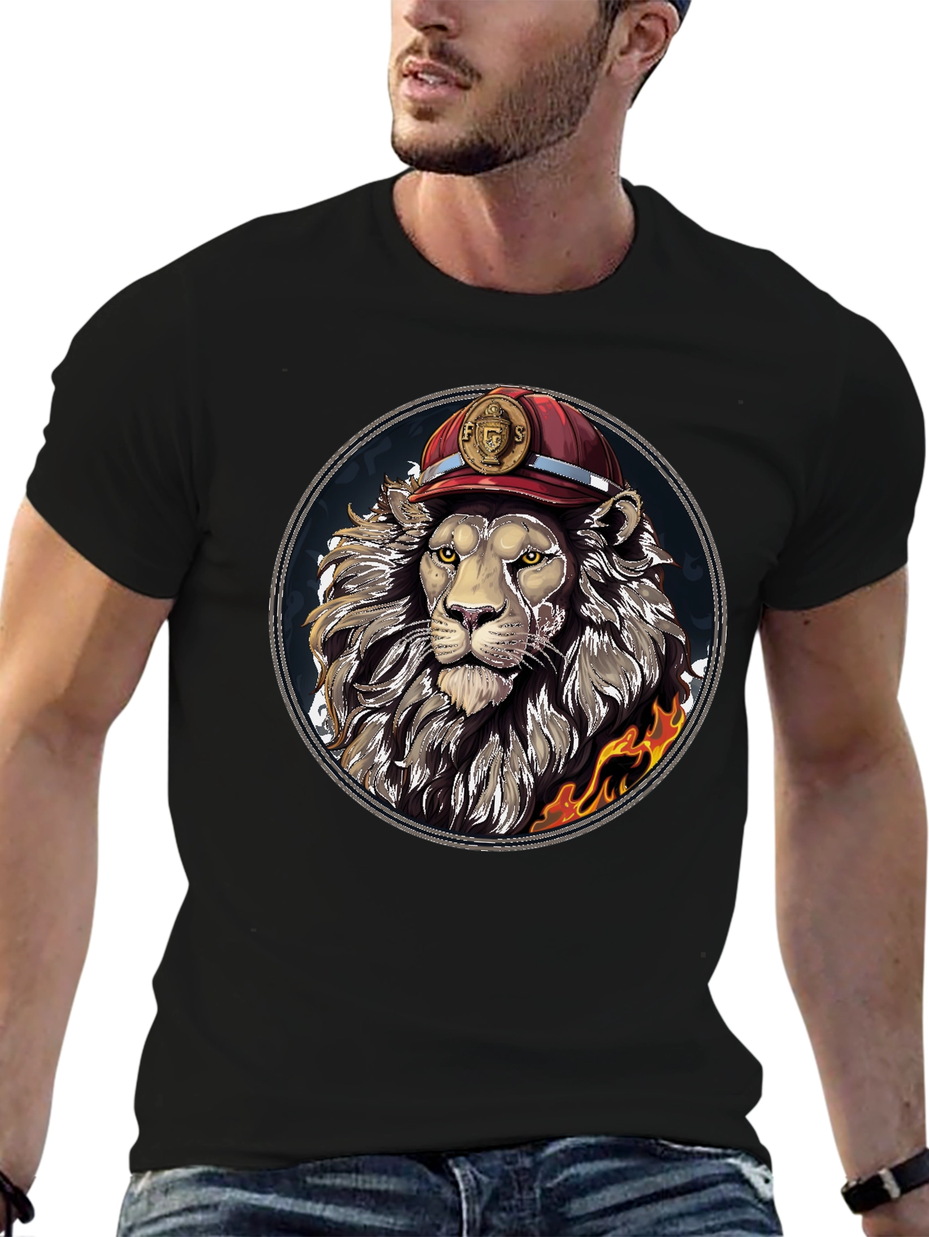 Lion Firefighter Graphic Tee - Cool Novelty Design