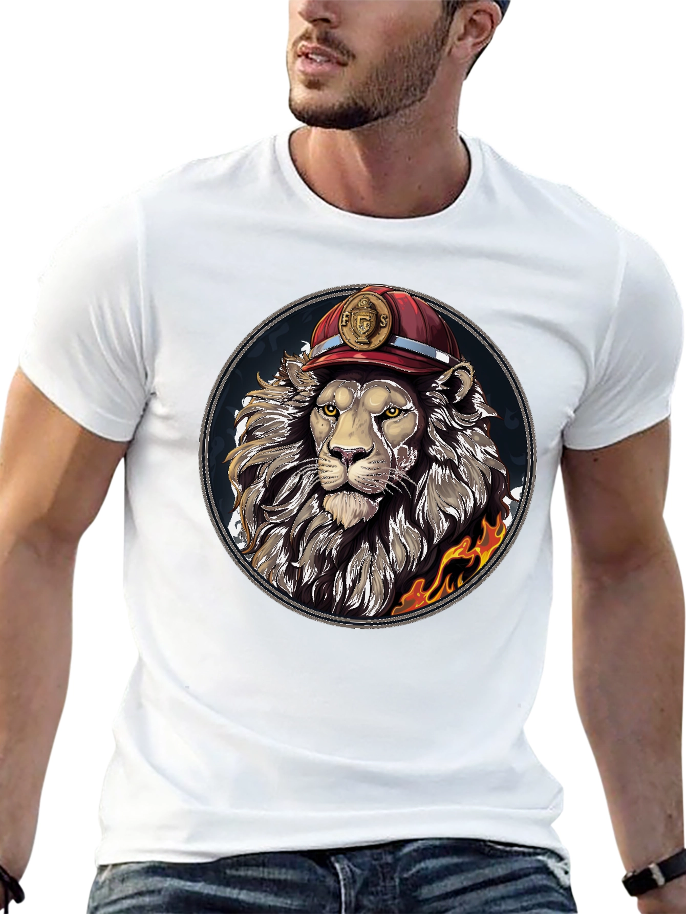 Lion Firefighter Graphic Tee - Cool Novelty Design