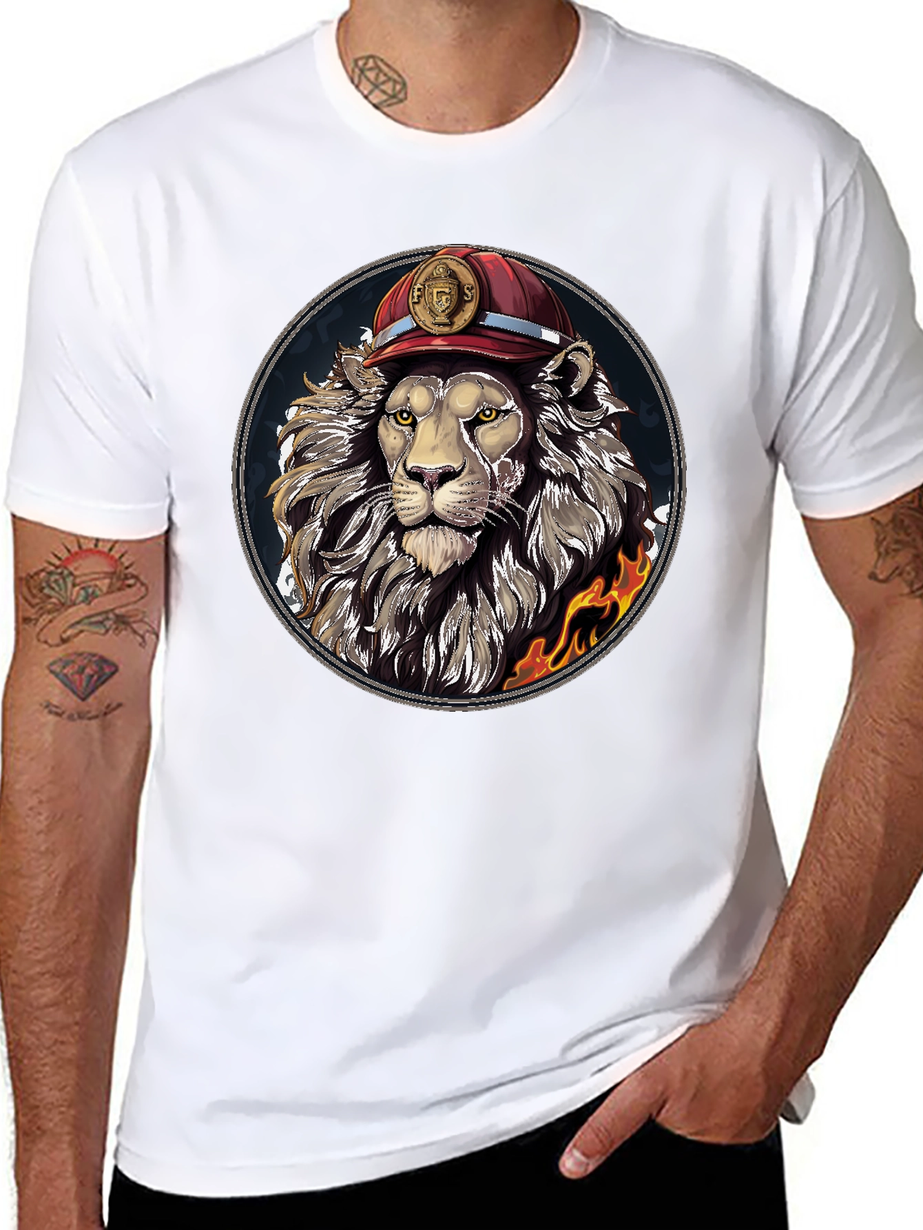 Lion Firefighter Graphic Tee - Cool Novelty Design