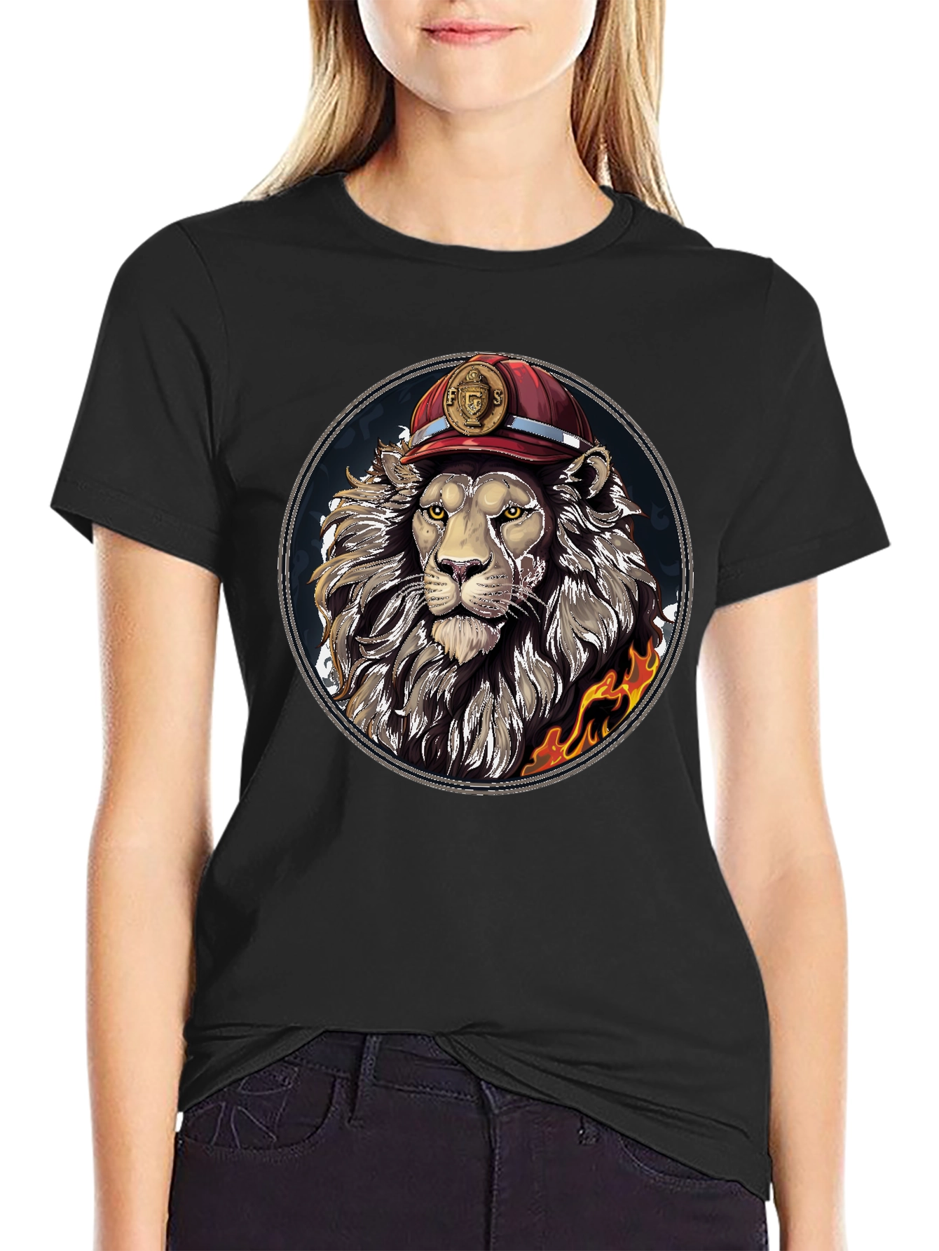Lion Firefighter Graphic Tee - Cool Novelty Design