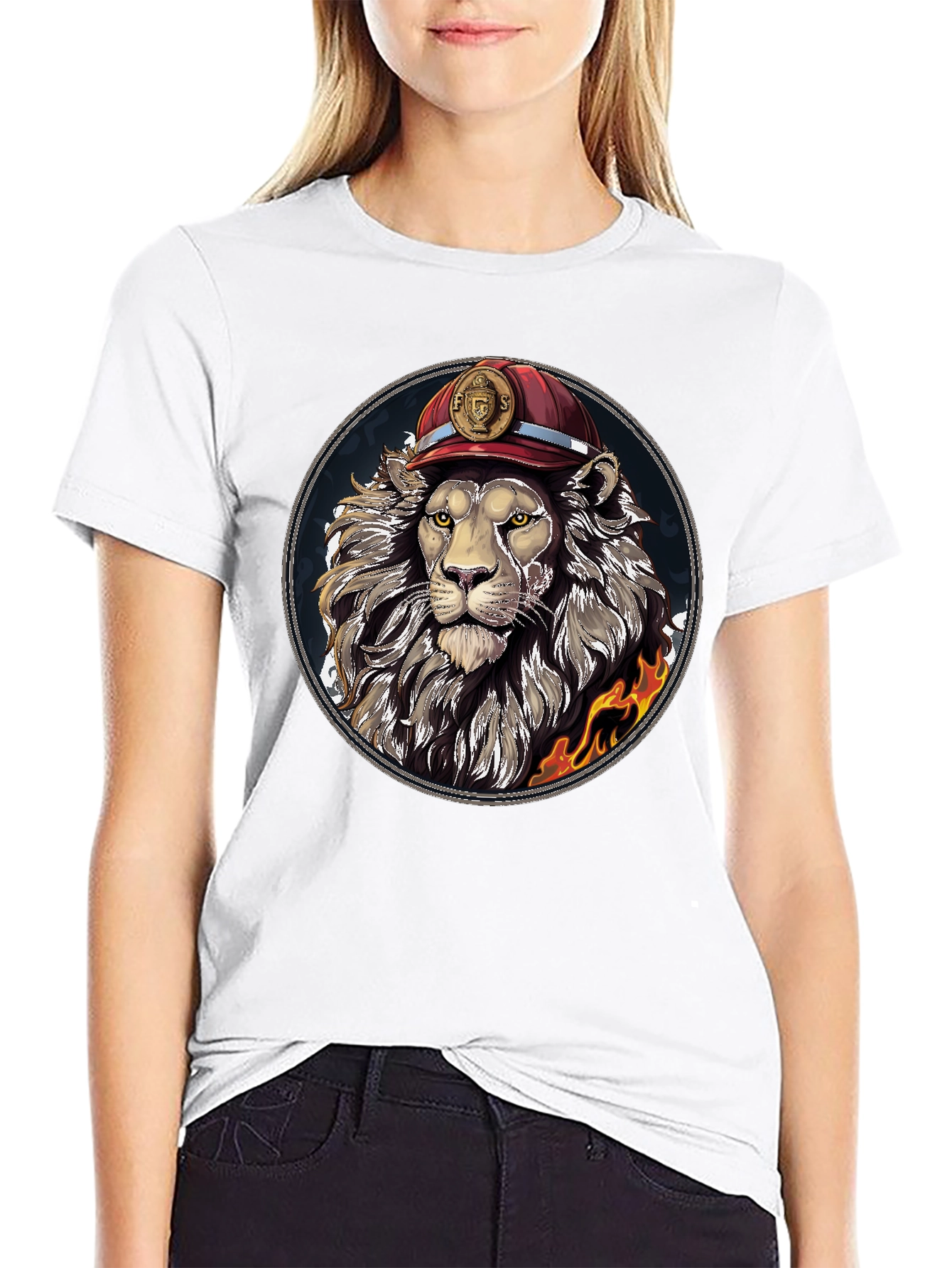Lion Firefighter Graphic Tee - Cool Novelty Design