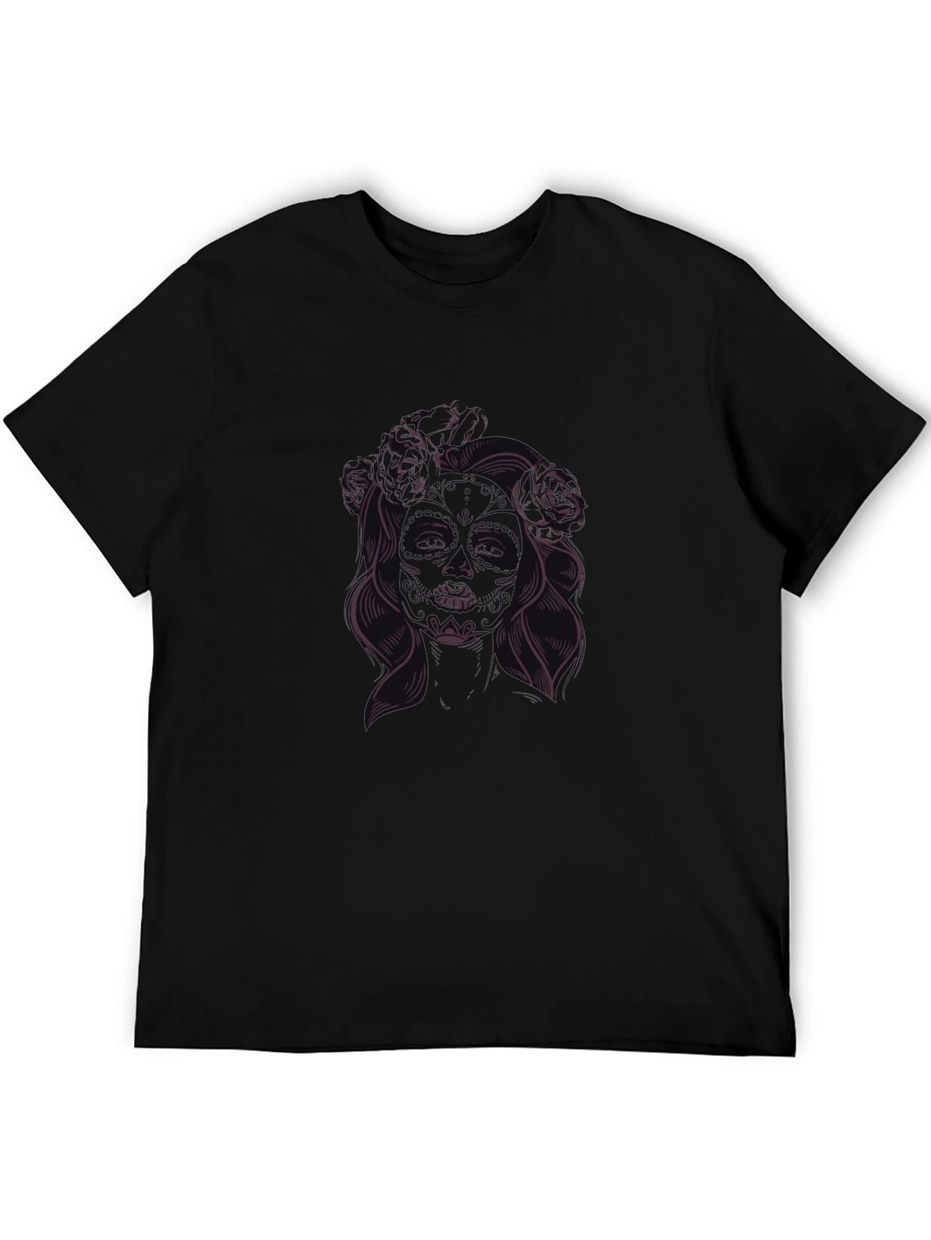 Black T-Shirt with Floral Skull Lady Graphic