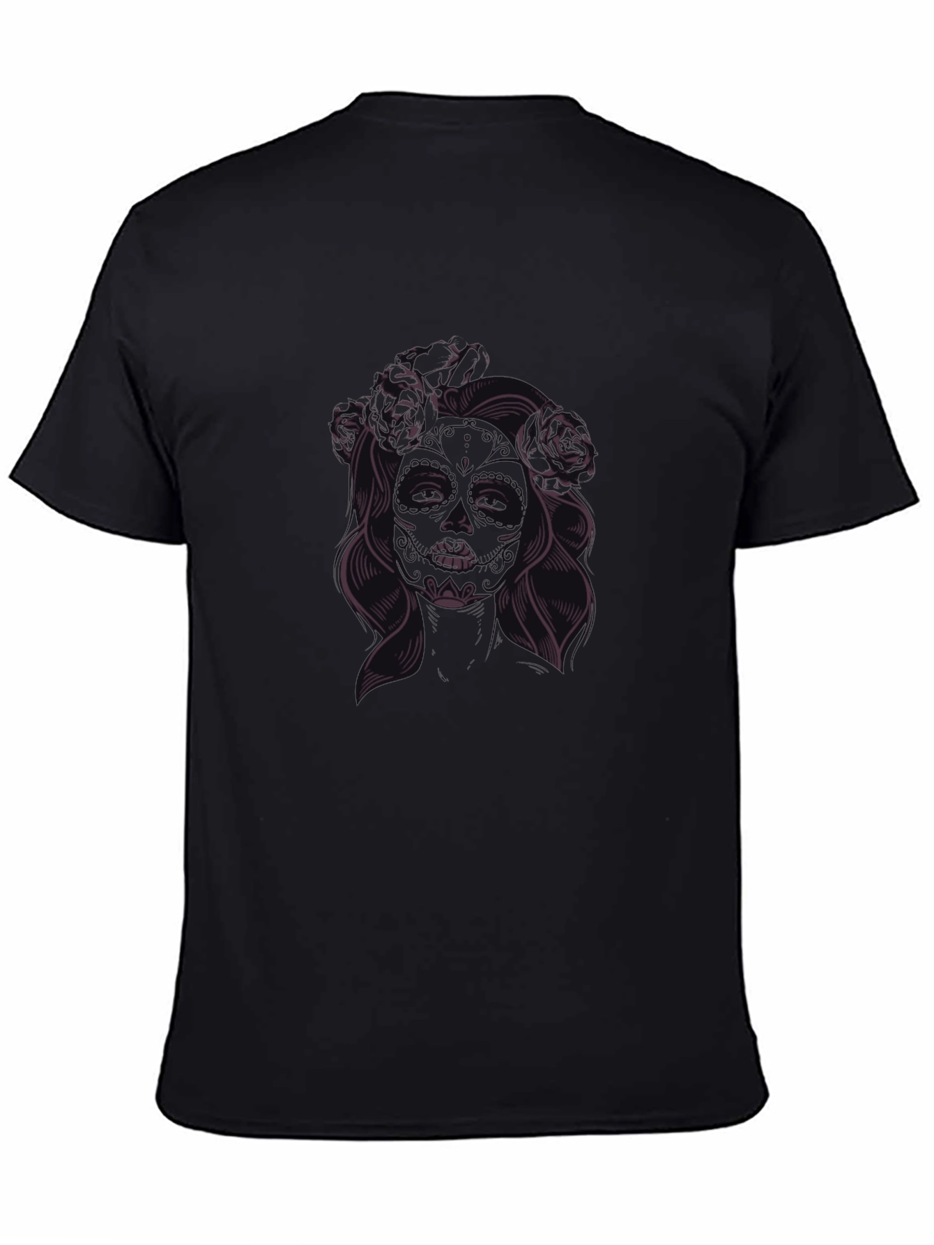 Black T-Shirt with Floral Skull Lady Graphic