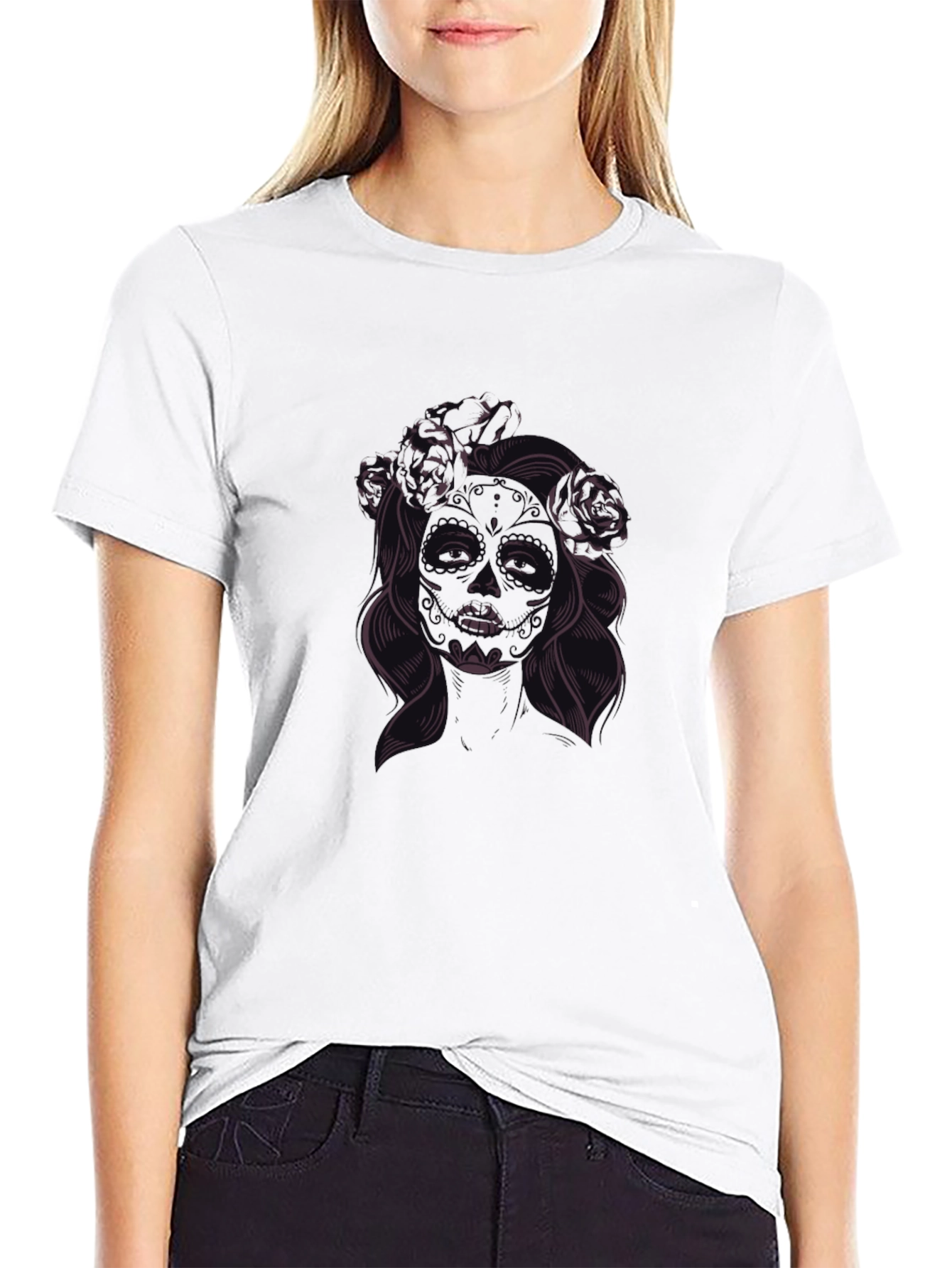 Black T-Shirt with Floral Skull Lady Graphic