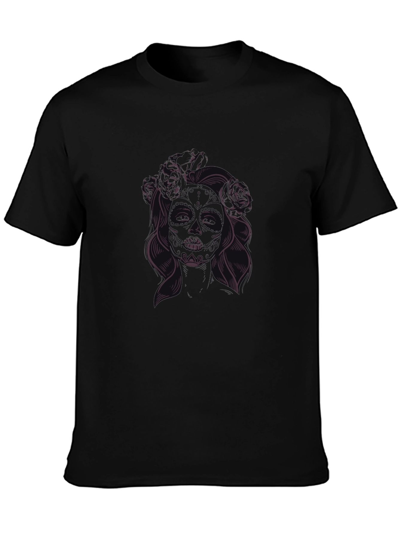Black T-Shirt with Floral Skull Lady Graphic