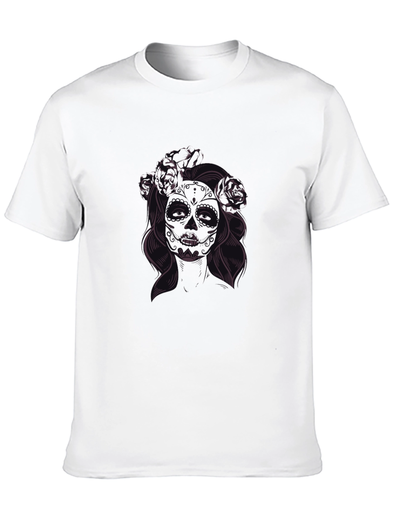 Black T-Shirt with Floral Skull Lady Graphic