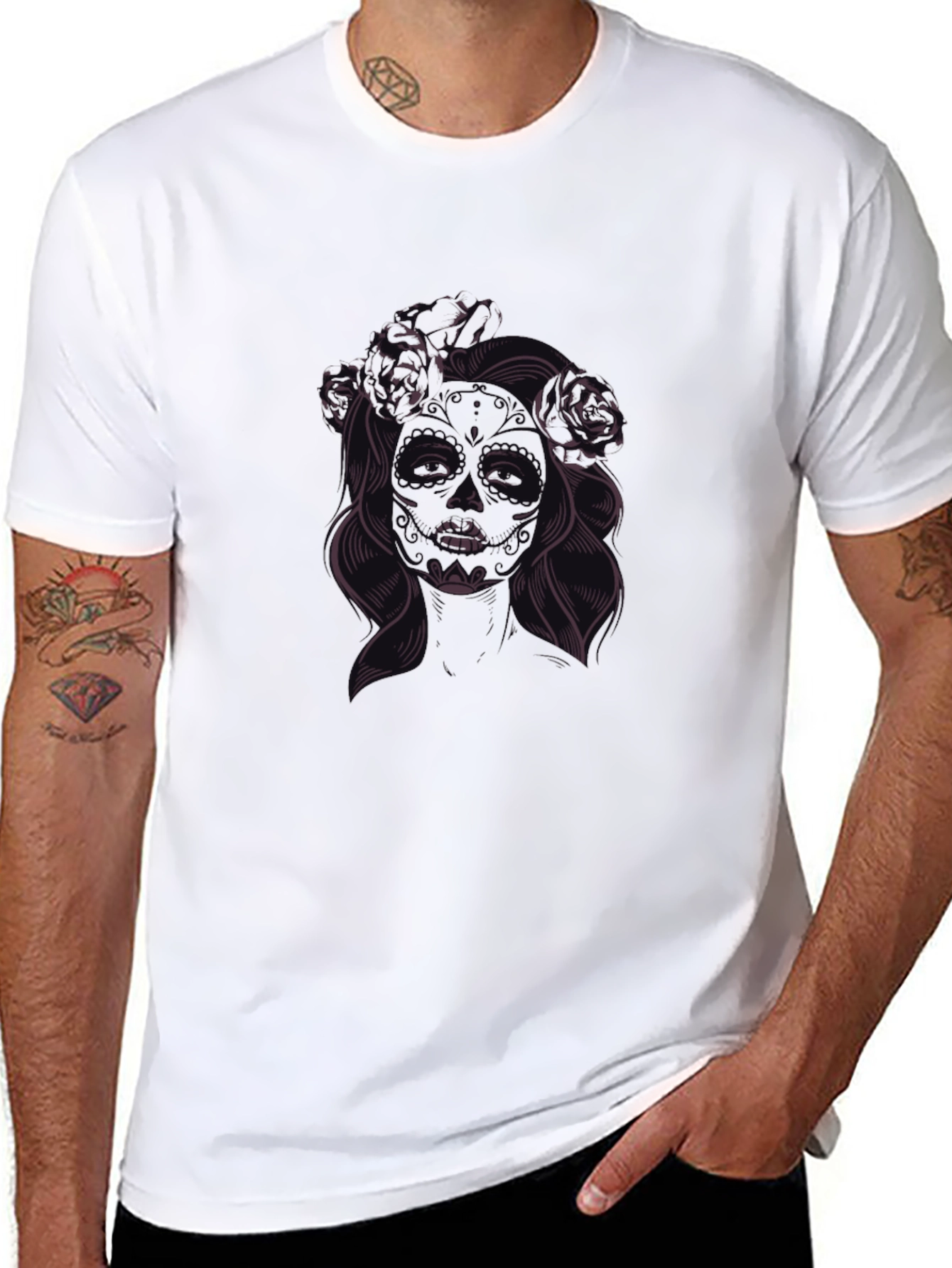 Black T-Shirt with Floral Skull Lady Graphic