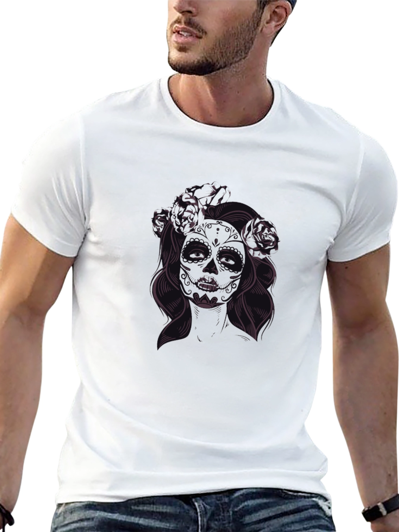 Black T-Shirt with Floral Skull Lady Graphic