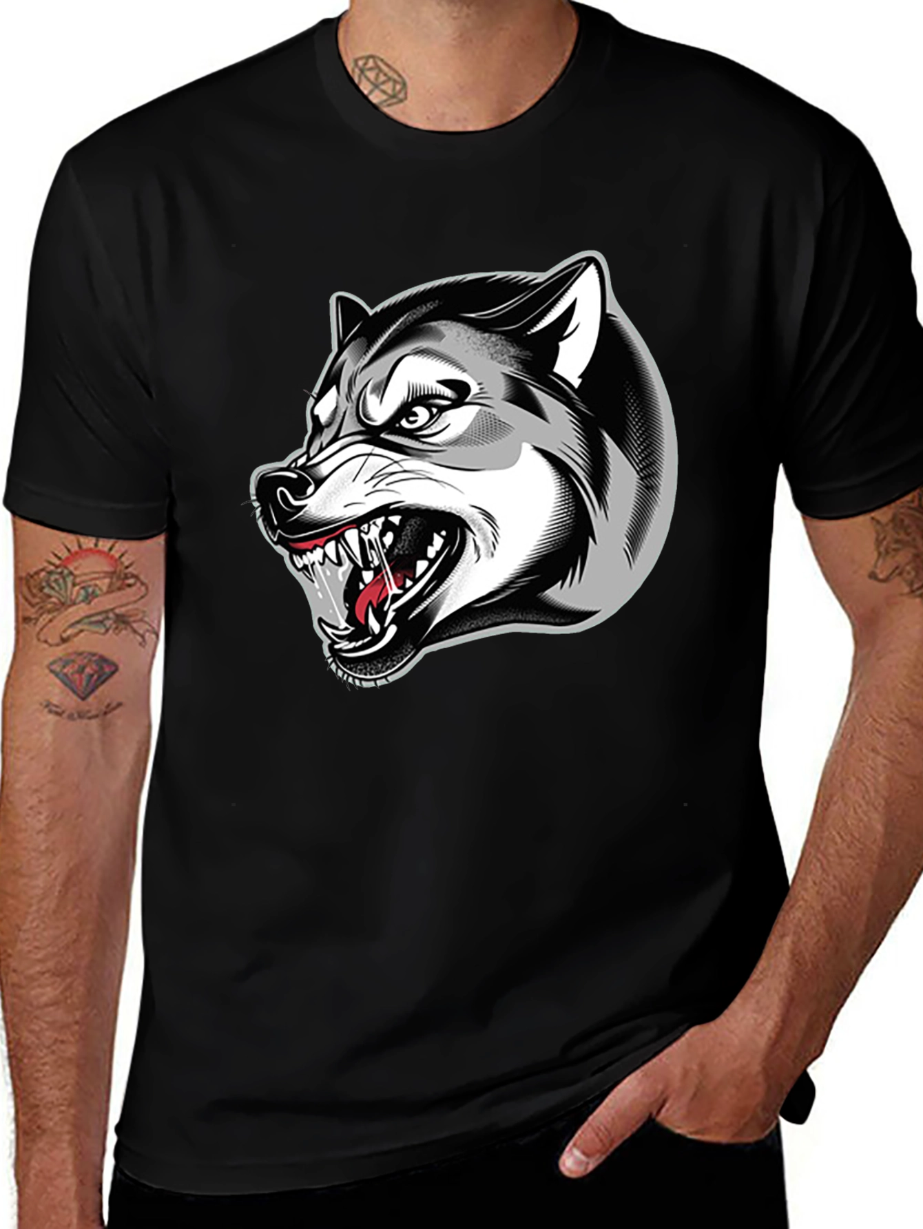 Mens Black Graphic T-Shirt - Fierce Wolf Design