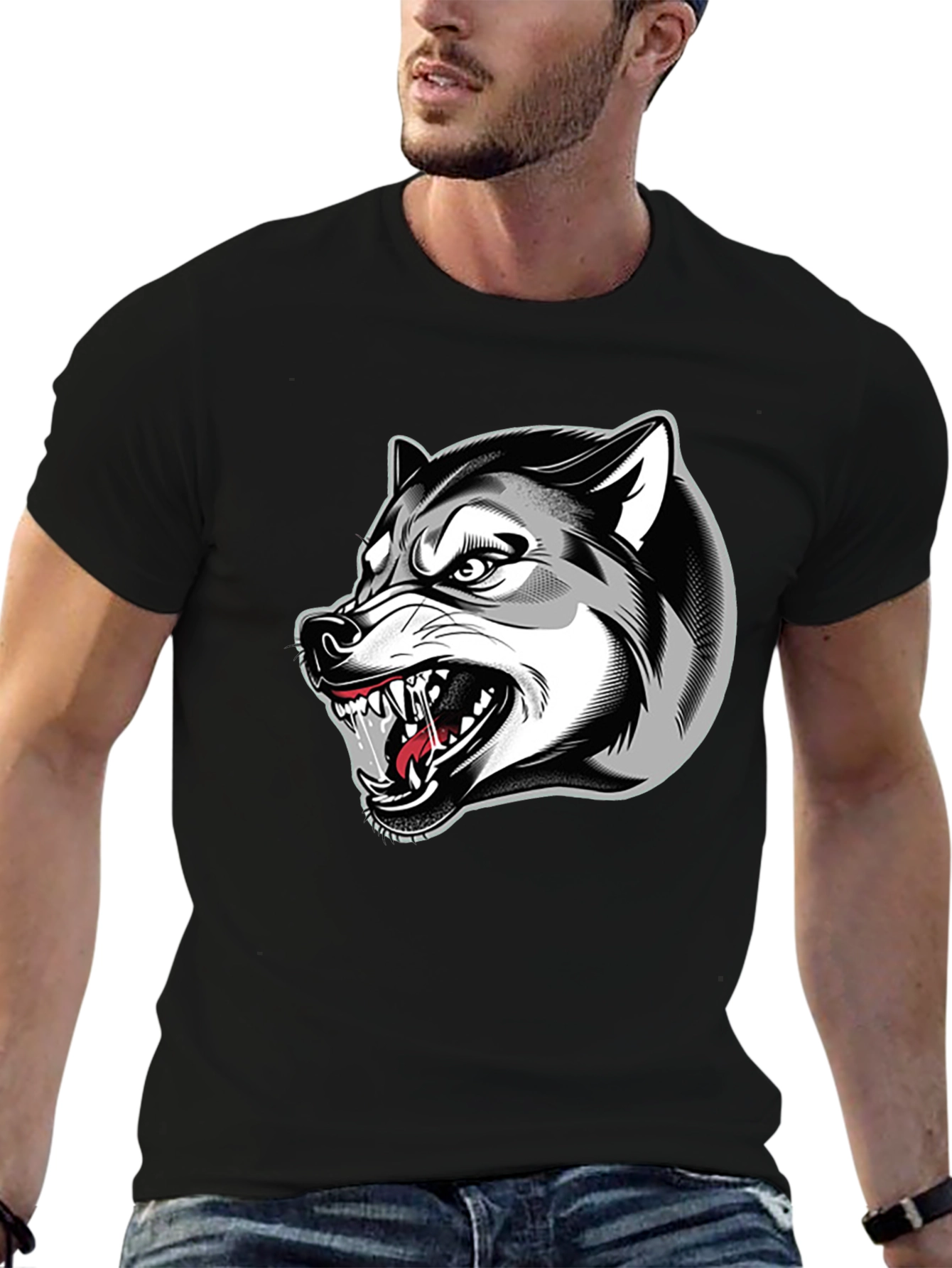 Mens Black Graphic T-Shirt - Fierce Wolf Design