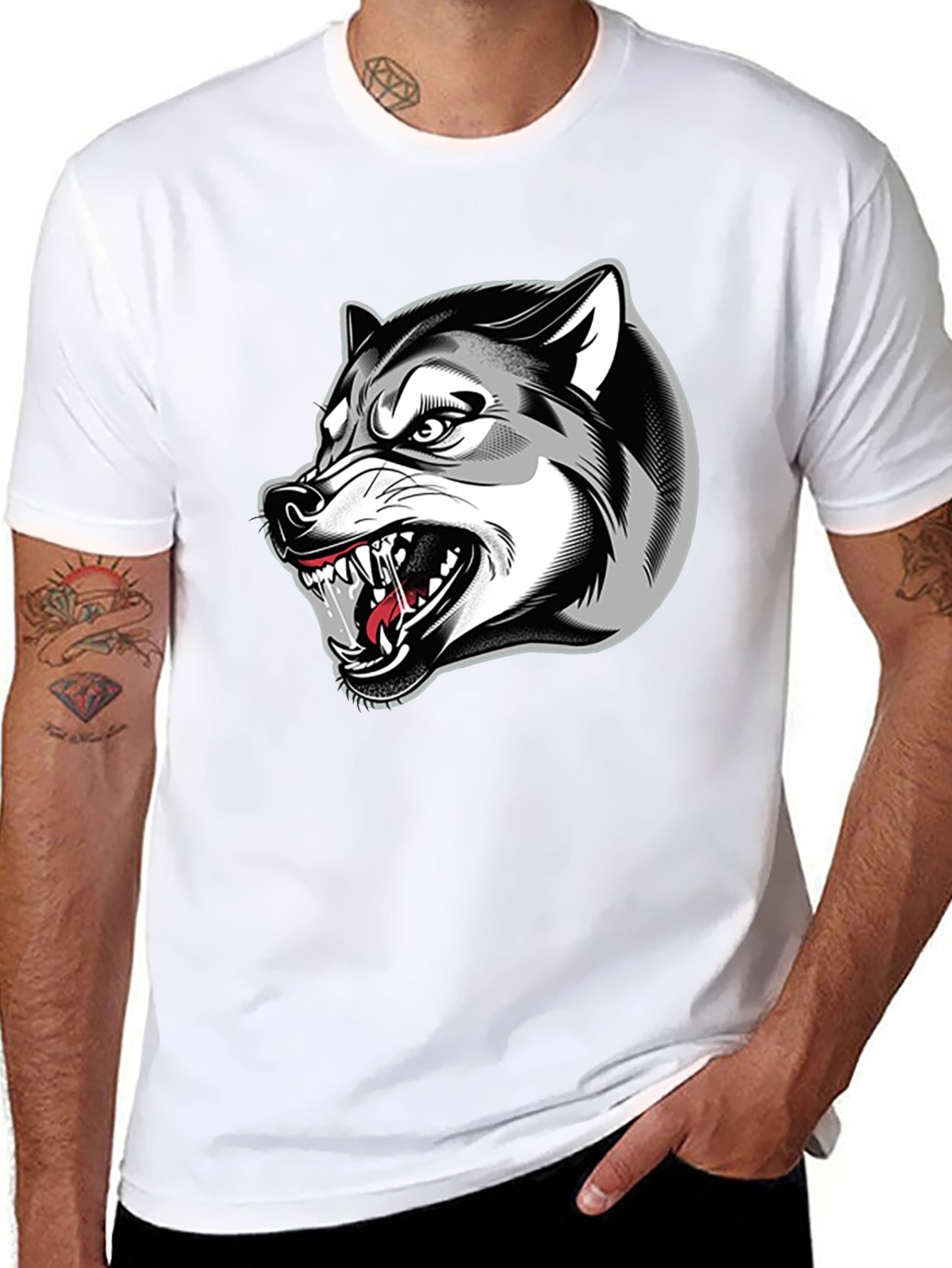 Mens Black Graphic T-Shirt - Fierce Wolf Design