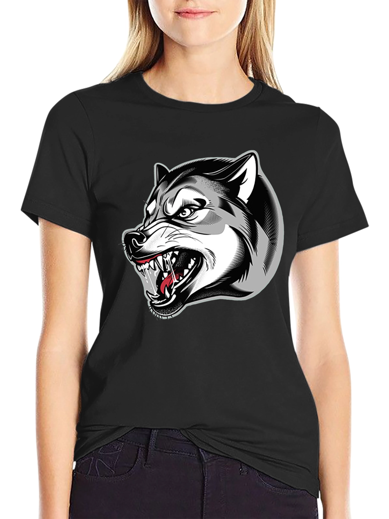 Mens Black Graphic T-Shirt - Fierce Wolf Design