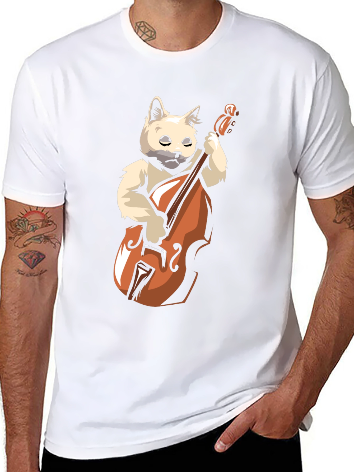 Cat Playing Cello Black T-Shirt