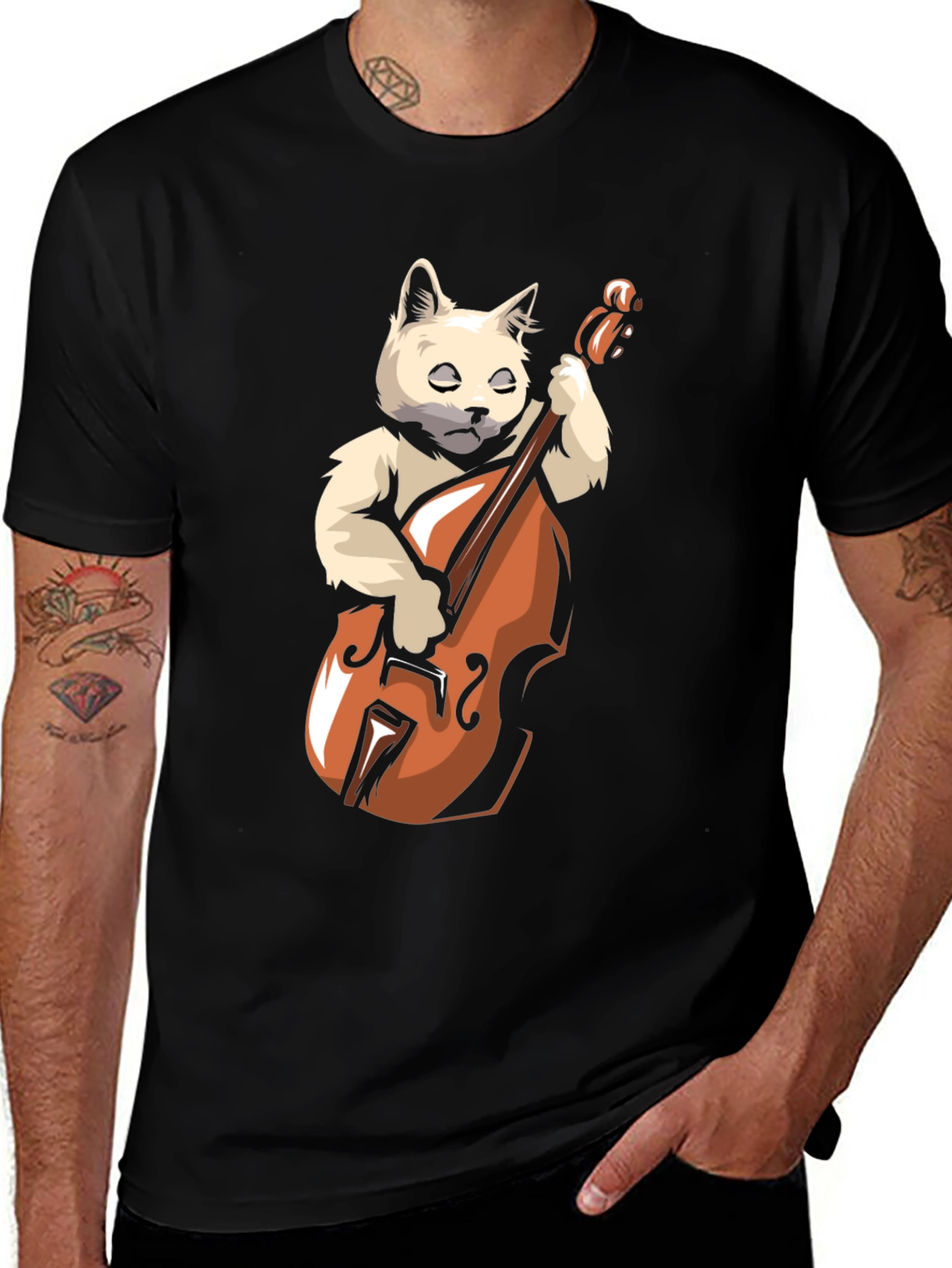 Cat Playing Cello Black T-Shirt