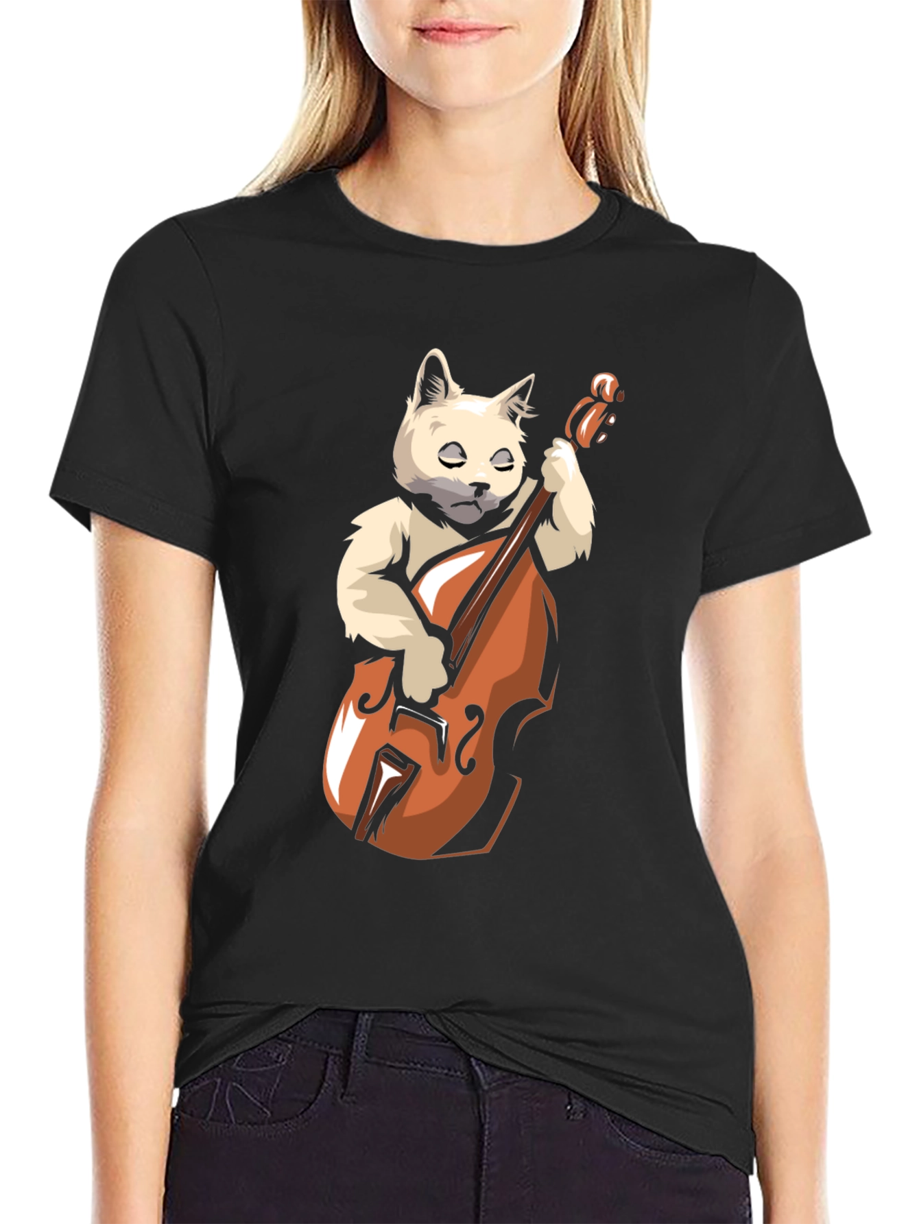Cat Playing Cello Black T-Shirt