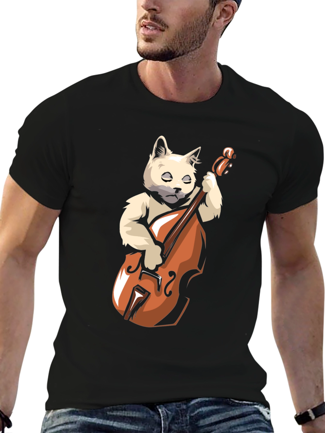 Cat Playing Cello Black T-Shirt