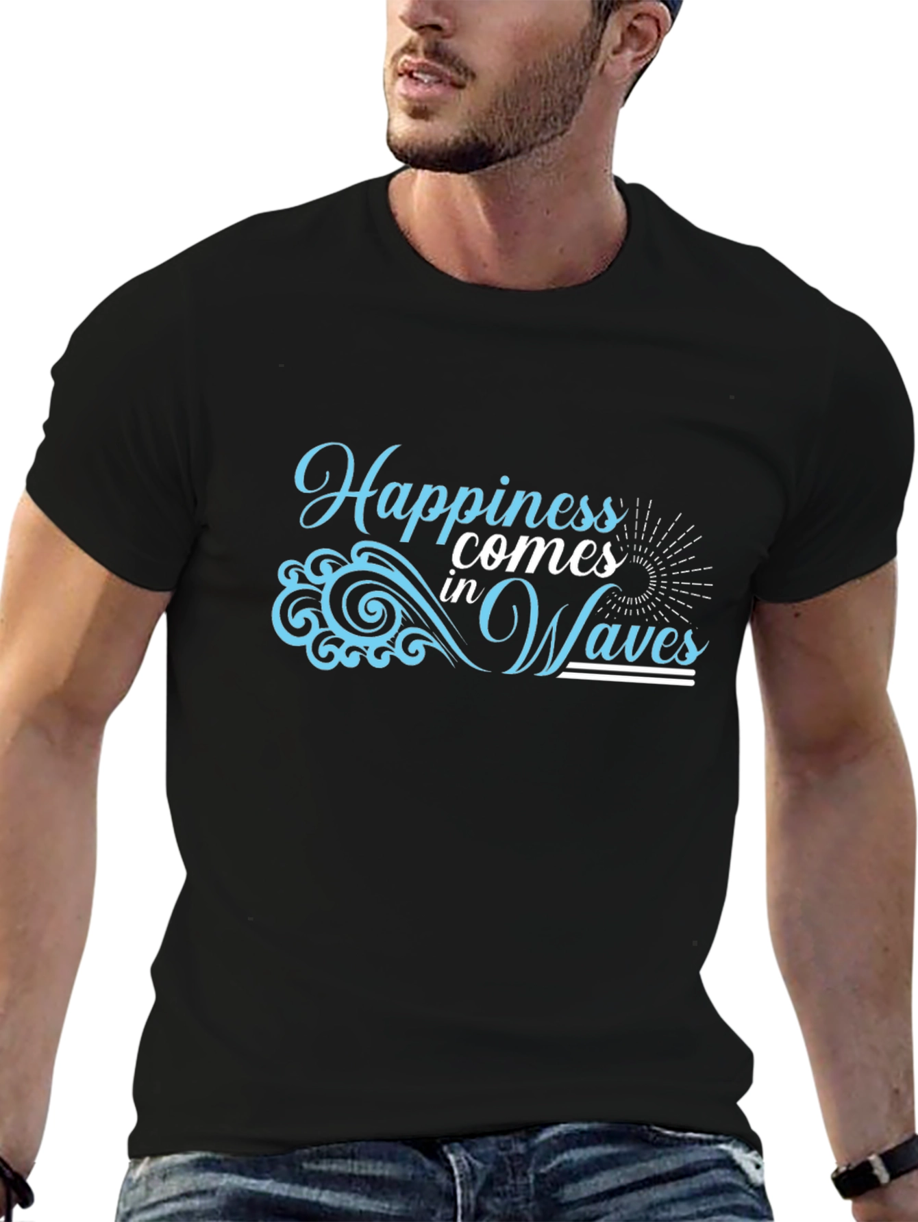 Happiness Comes in Waves Black T-Shirt