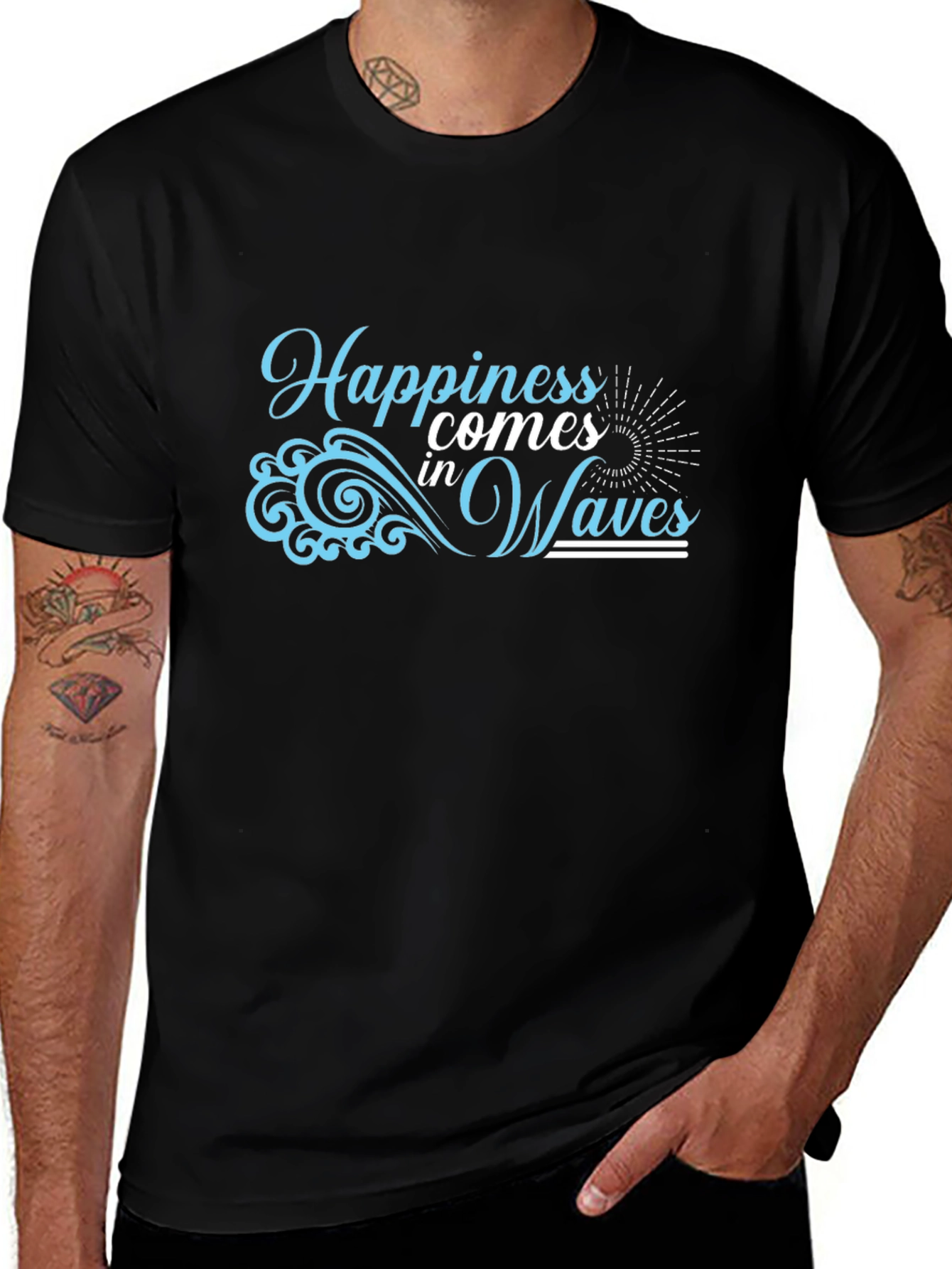 Happiness Comes in Waves Black T-Shirt