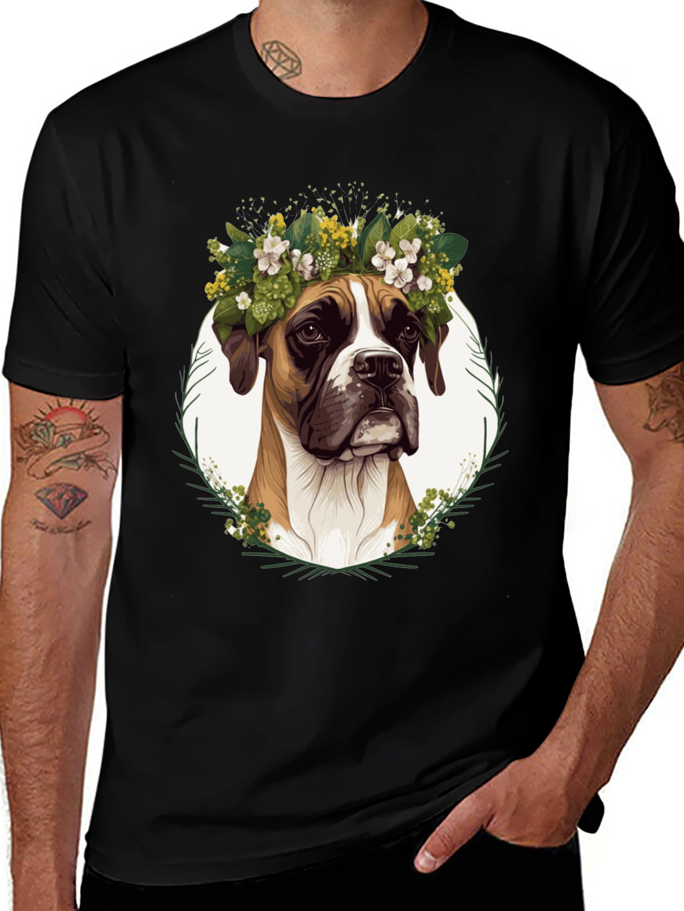 Boxer Dog Floral Crown T-Shirt - Unisex