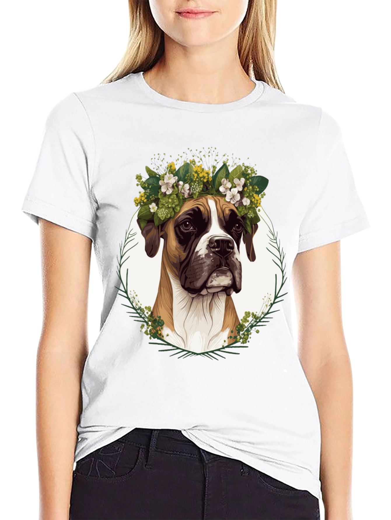 Boxer Dog Floral Crown T-Shirt - Unisex