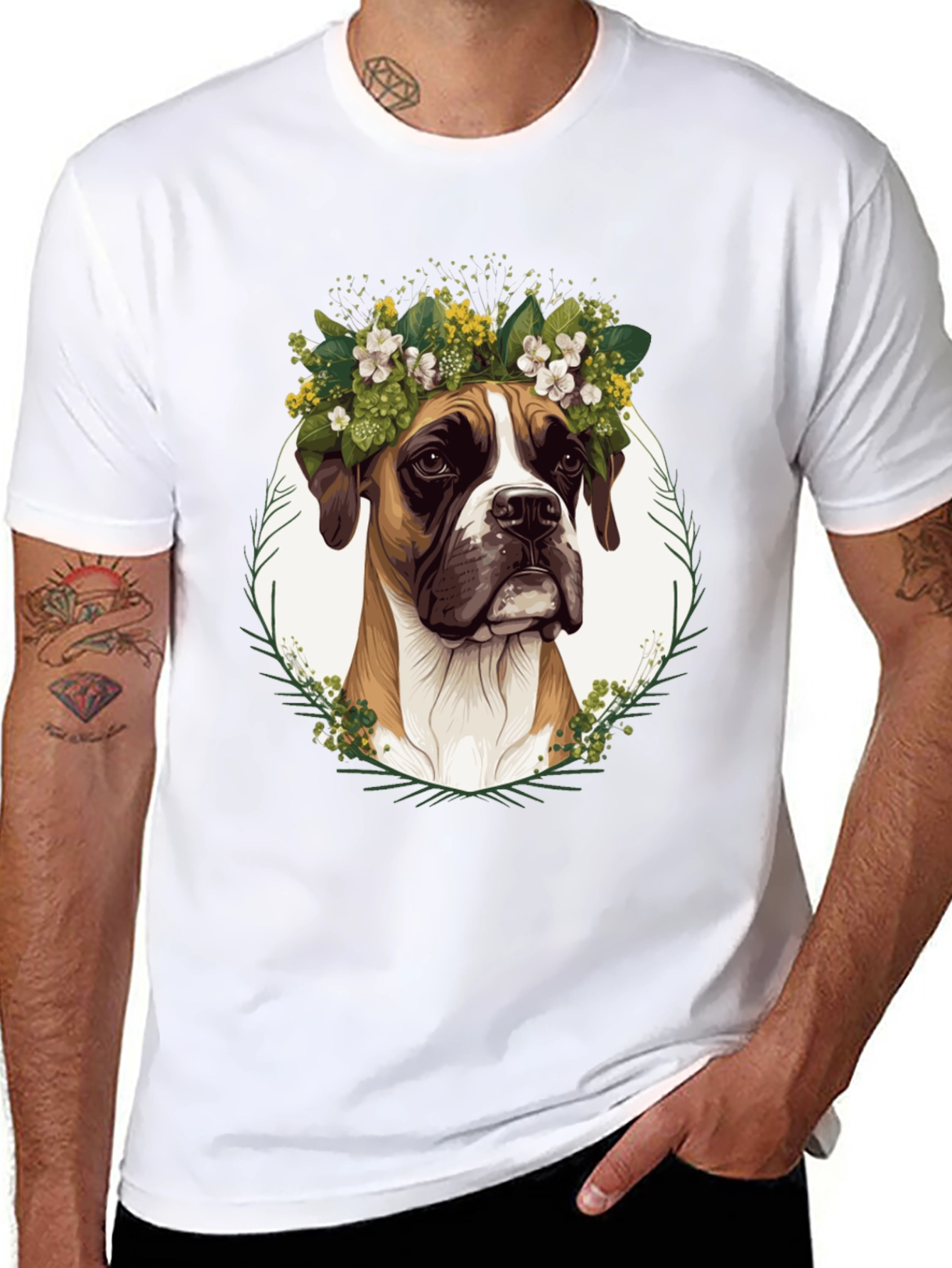 Boxer Dog Floral Crown T-Shirt - Unisex