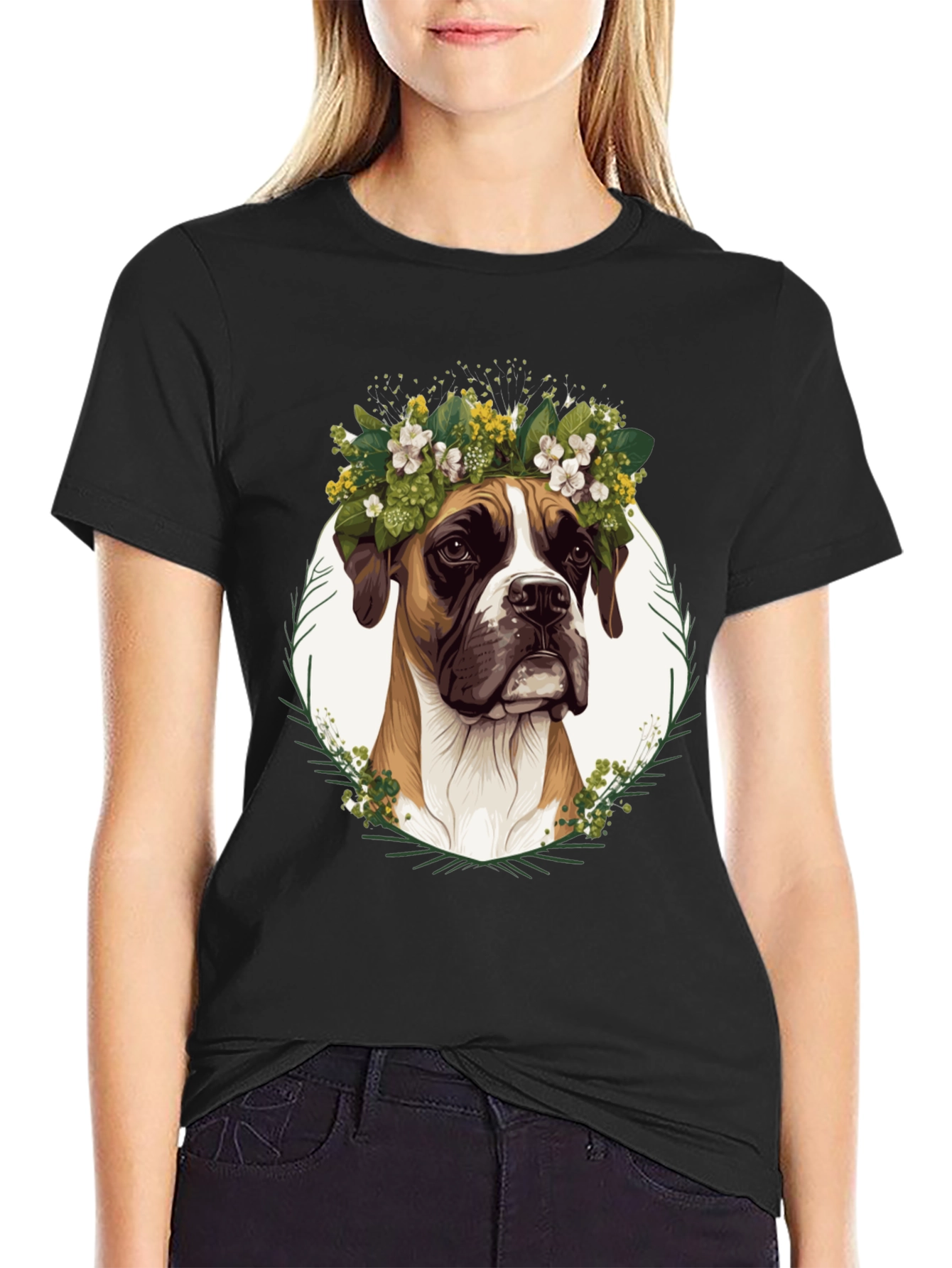 Boxer Dog Floral Crown T-Shirt - Unisex