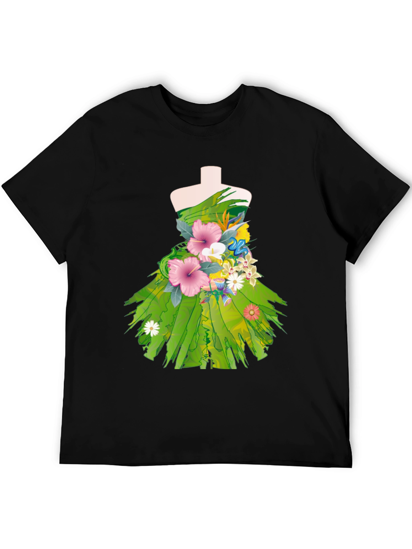Floral Dress Design Black T-Shirt