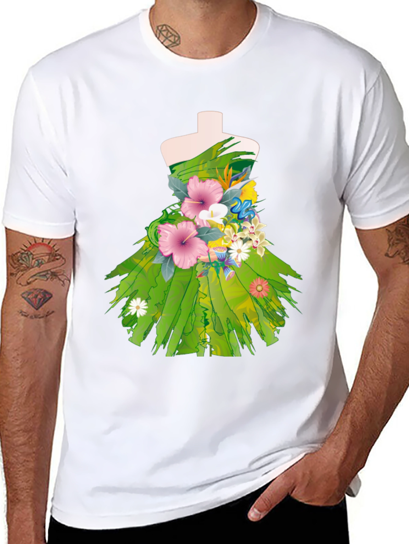 Floral Dress Design Black T-Shirt