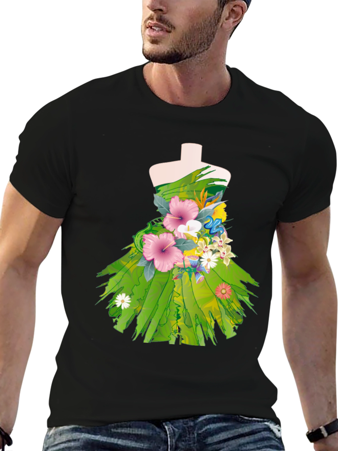 Floral Dress Design Black T-Shirt