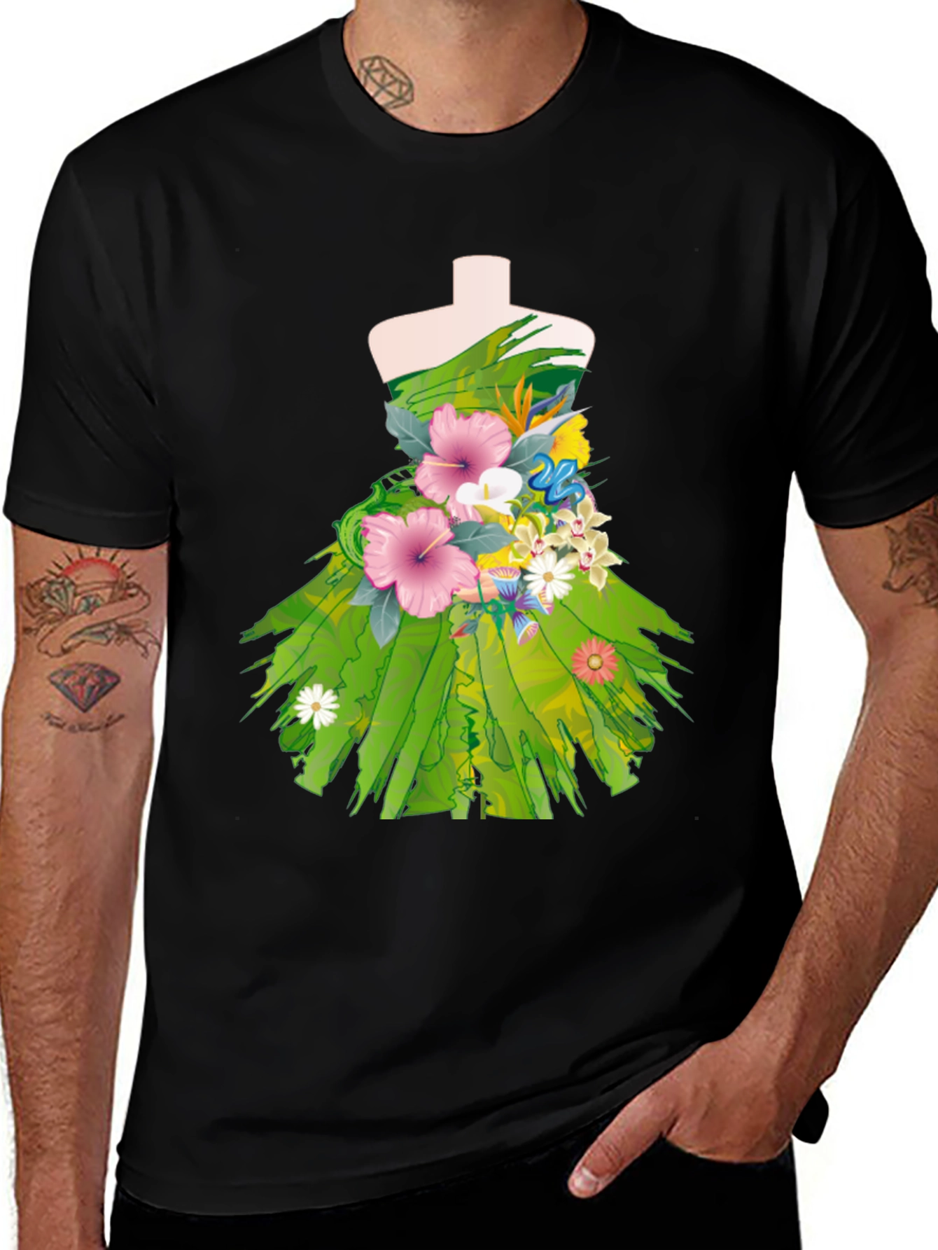 Floral Dress Design Black T-Shirt