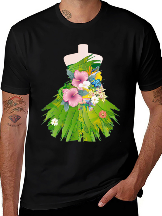 Floral Dress Design Black T-Shirt