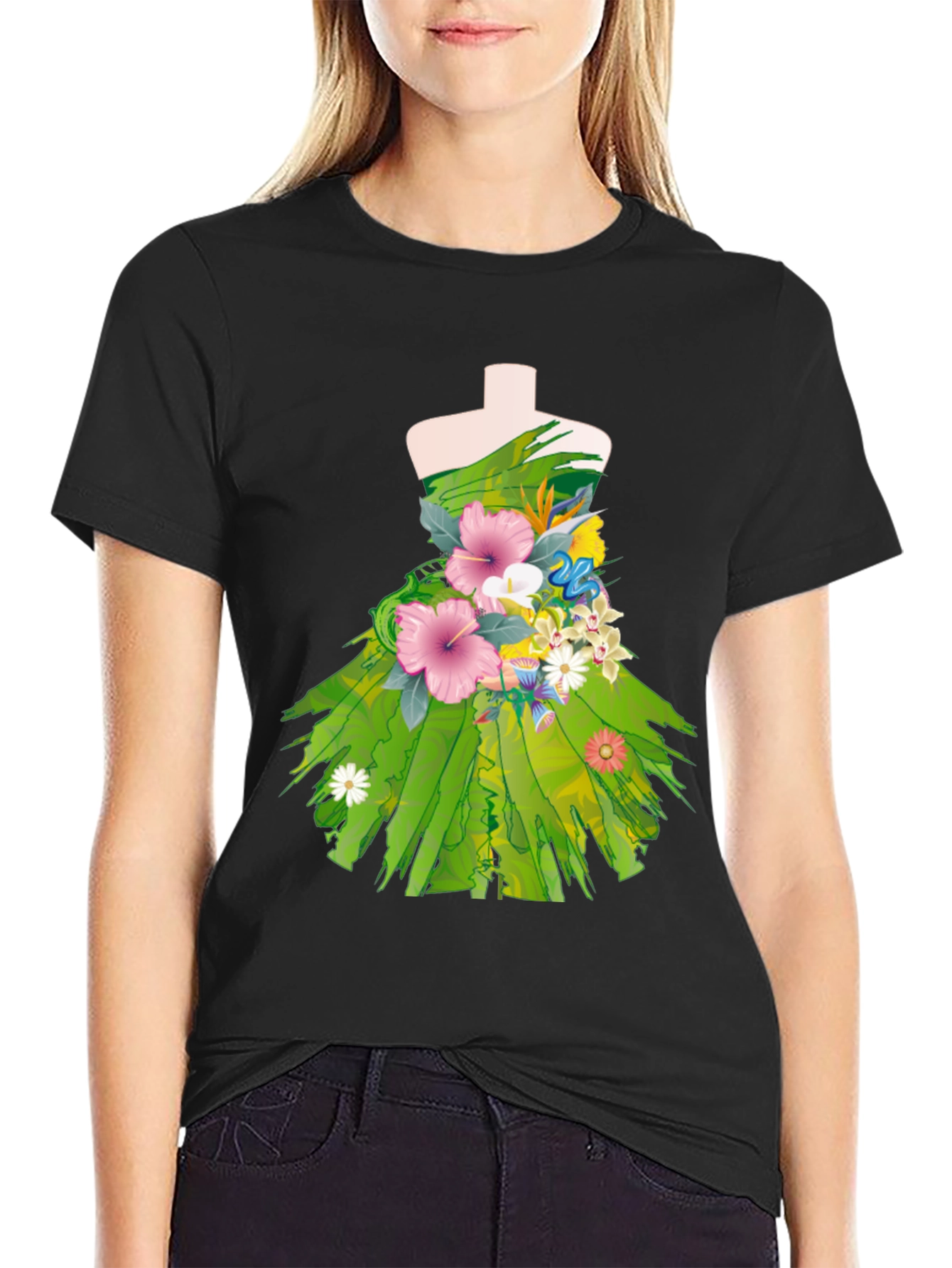 Floral Dress Design Black T-Shirt
