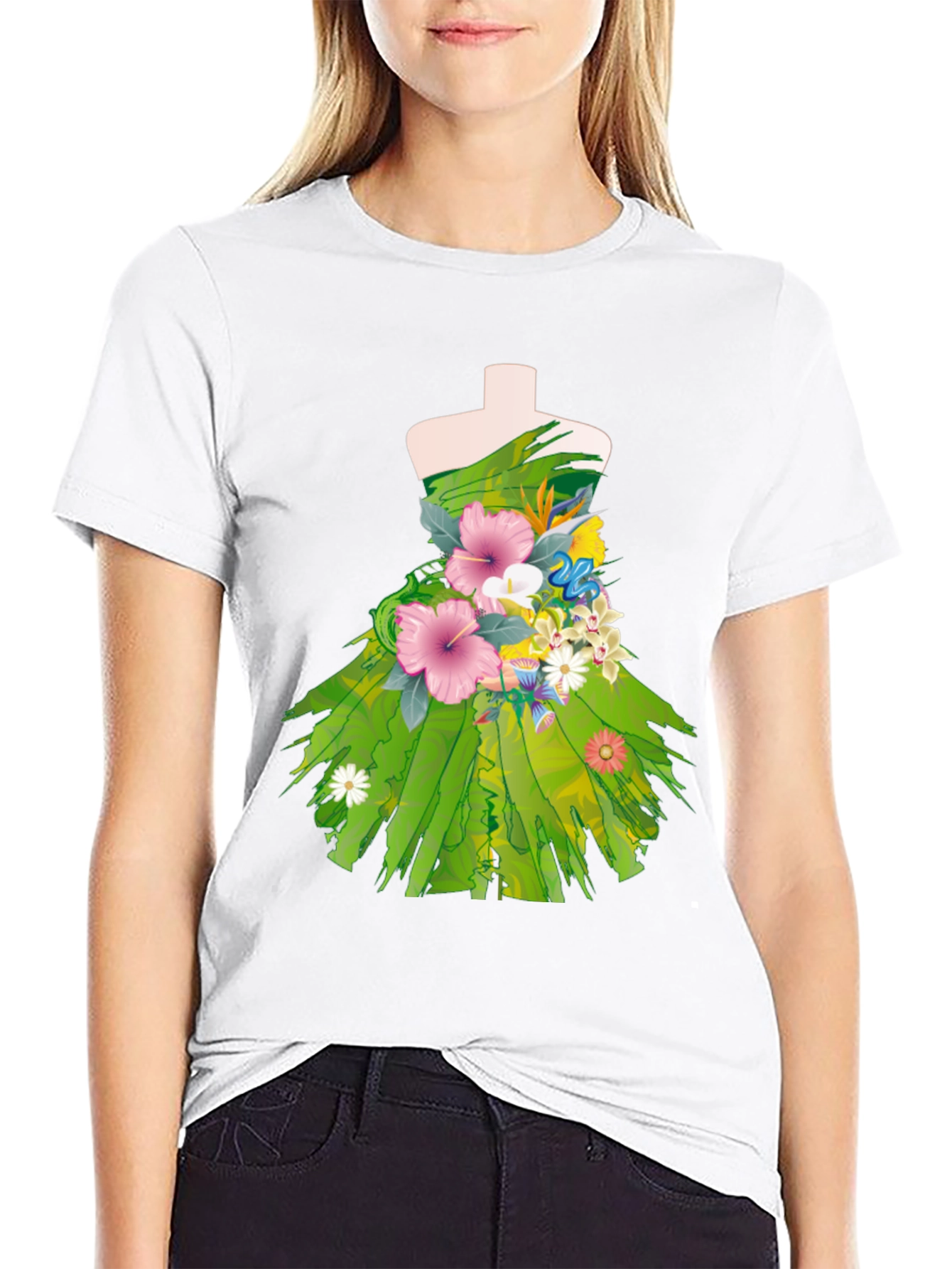 Floral Dress Design Black T-Shirt