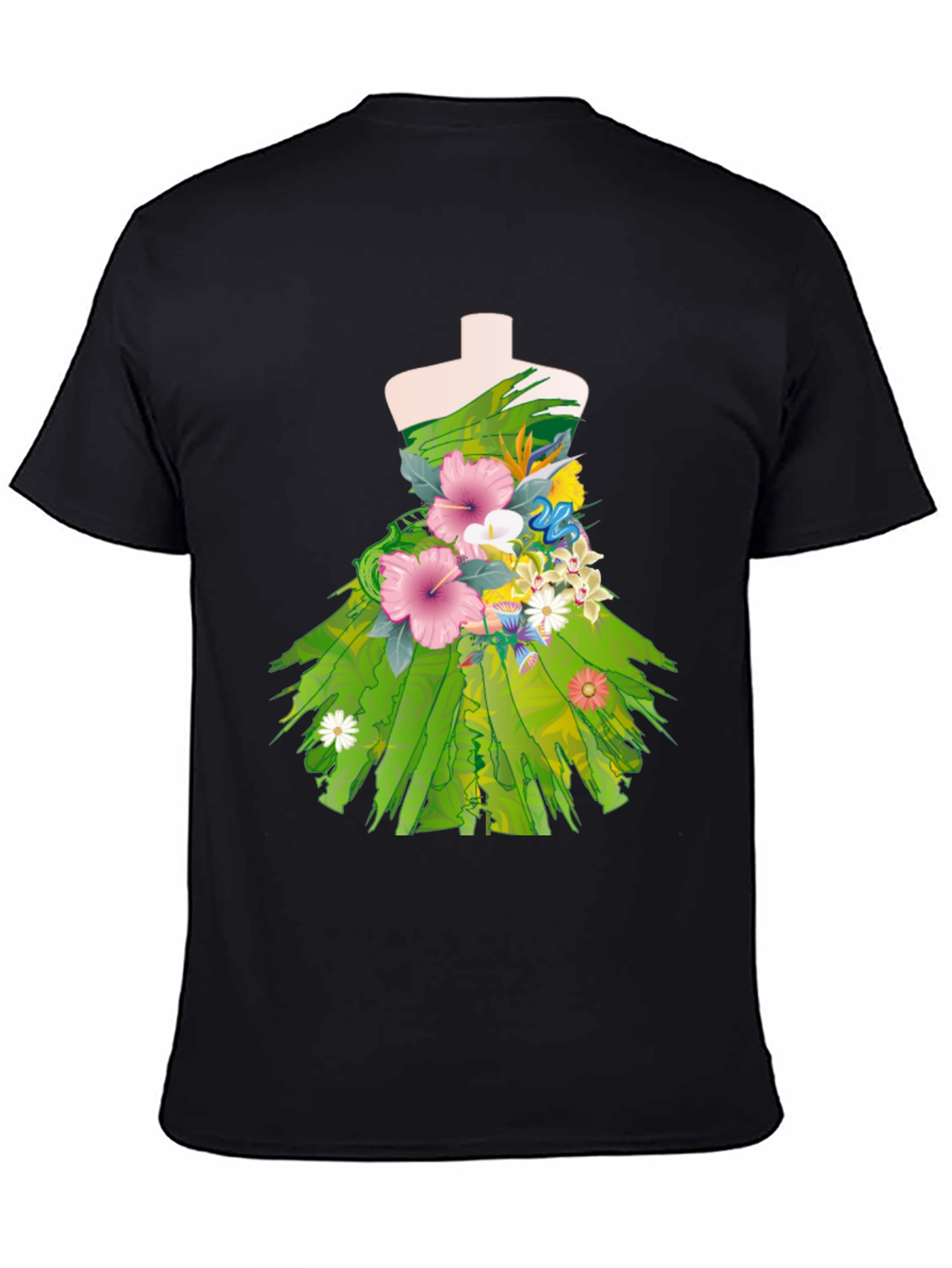 Floral Dress Design Black T-Shirt