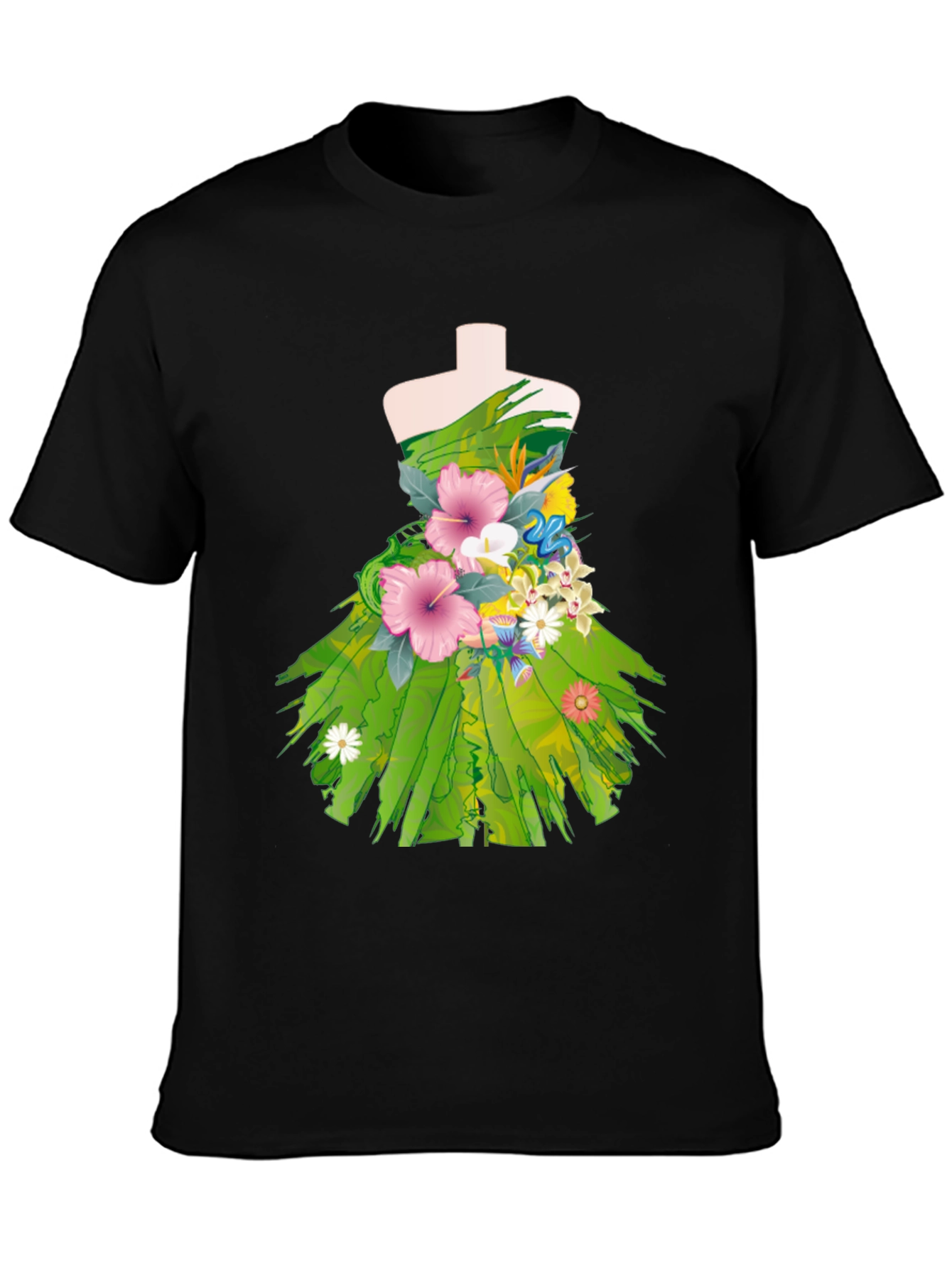 Floral Dress Design Black T-Shirt