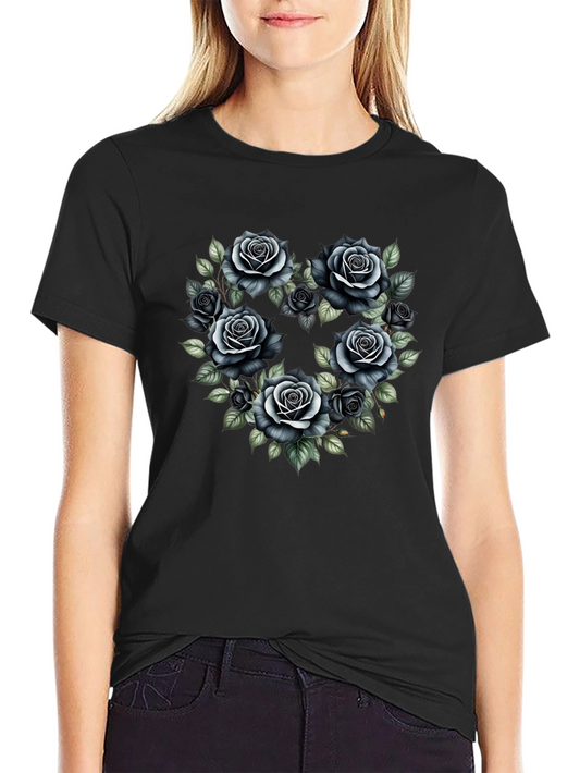 Black Roses Heart Graphic Tee - Trendy Floral T-Shirt