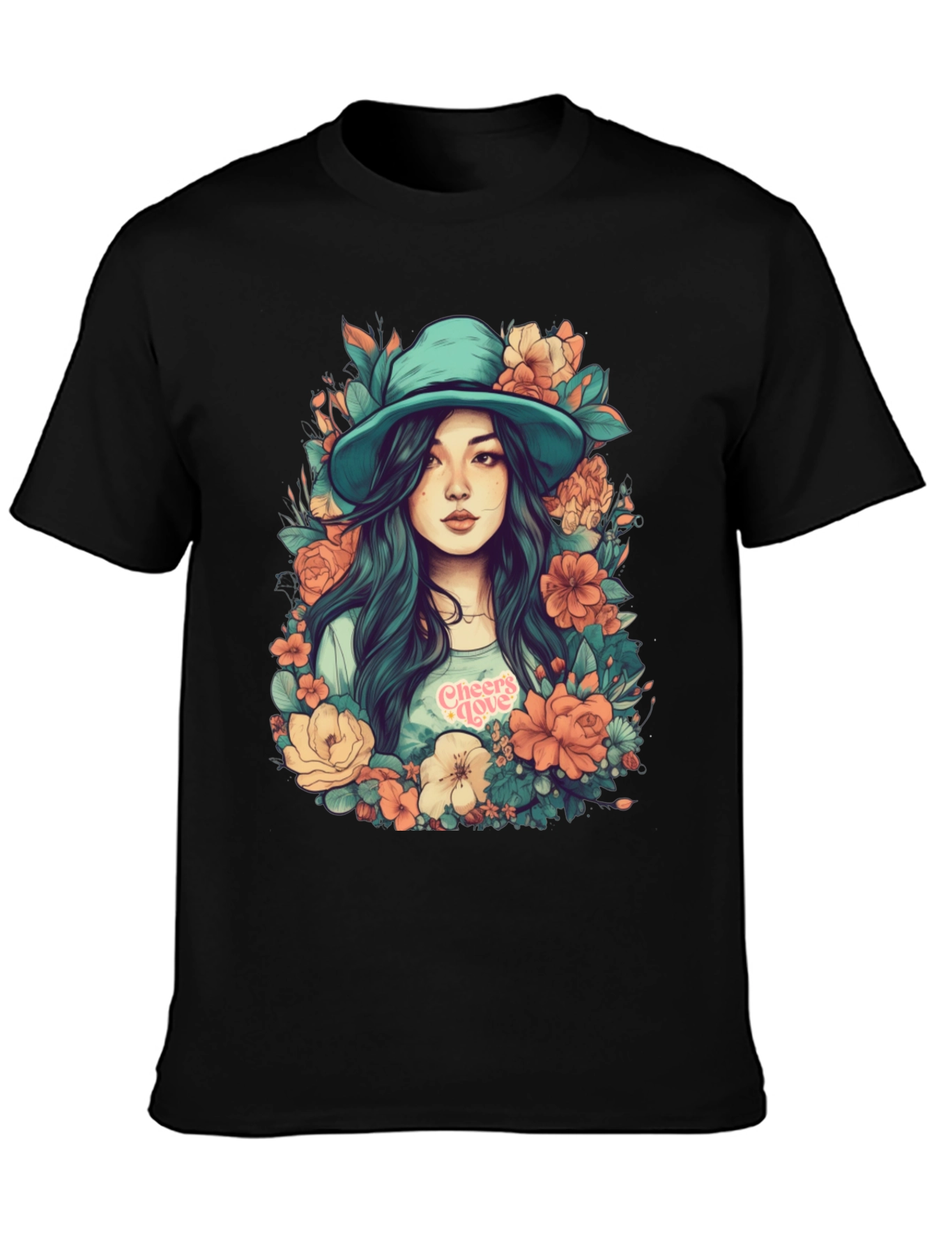 Floral Girl Graphic Print Black T-Shirt