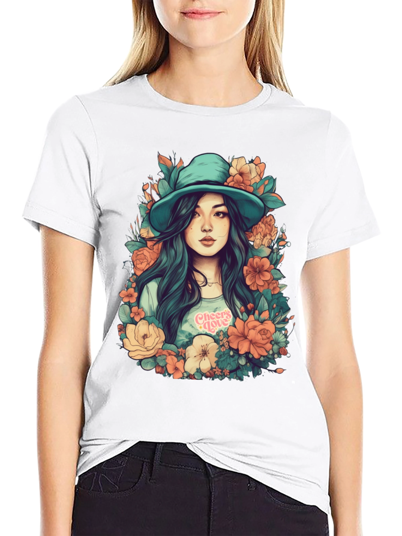 Floral Girl Graphic Print Black T-Shirt