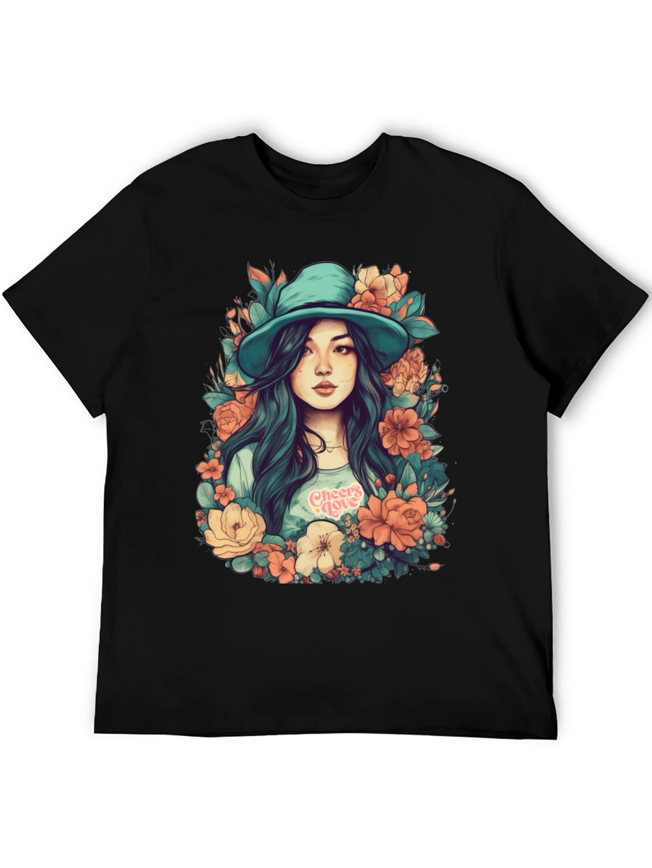 Floral Girl Graphic Print Black T-Shirt