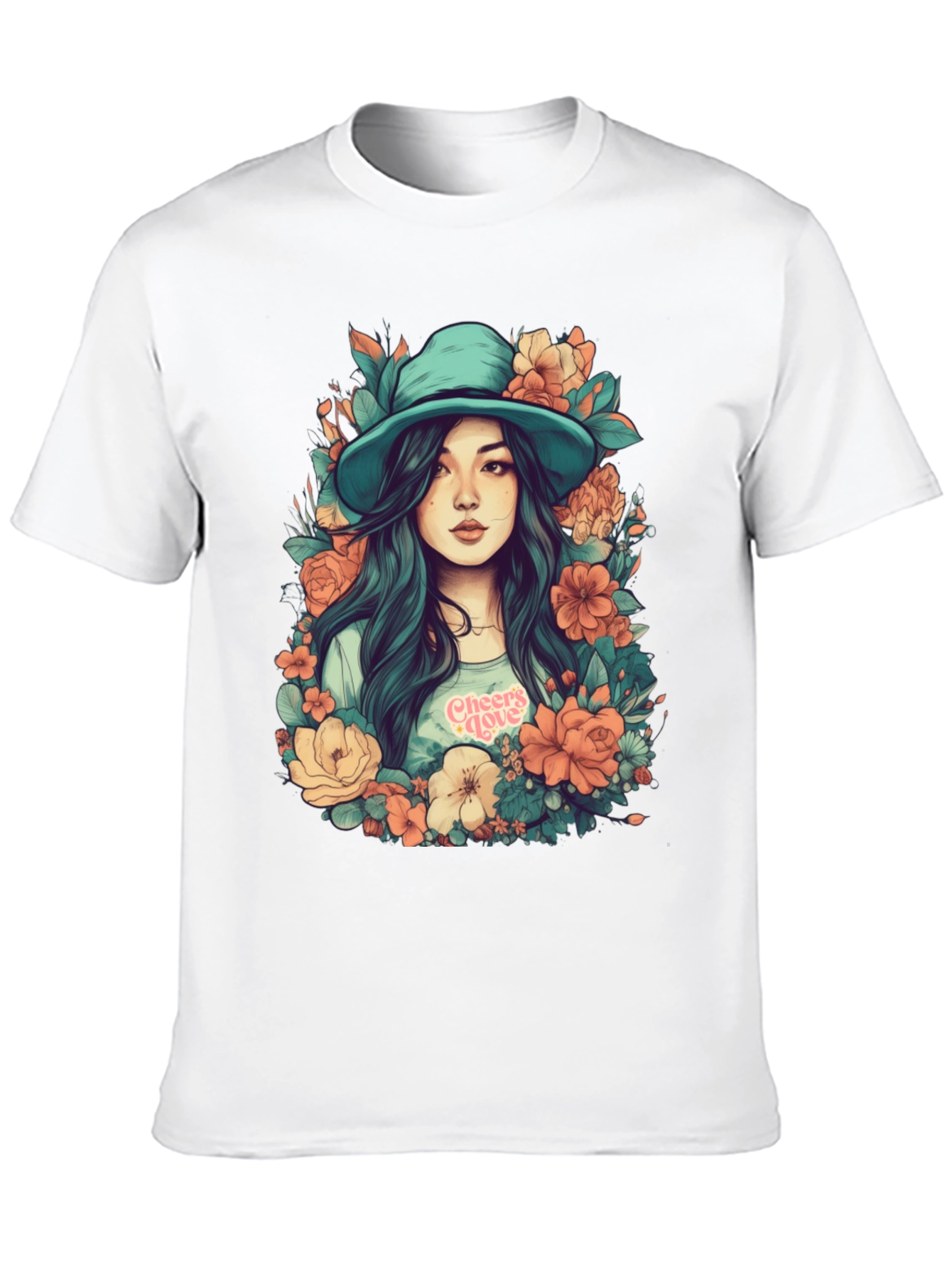 Floral Girl Graphic Print Black T-Shirt
