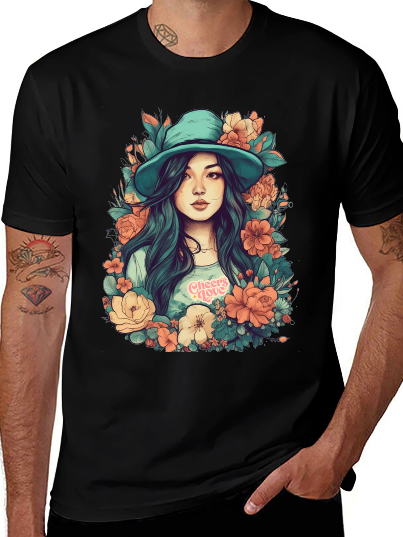 Floral Girl Graphic Print Black T-Shirt