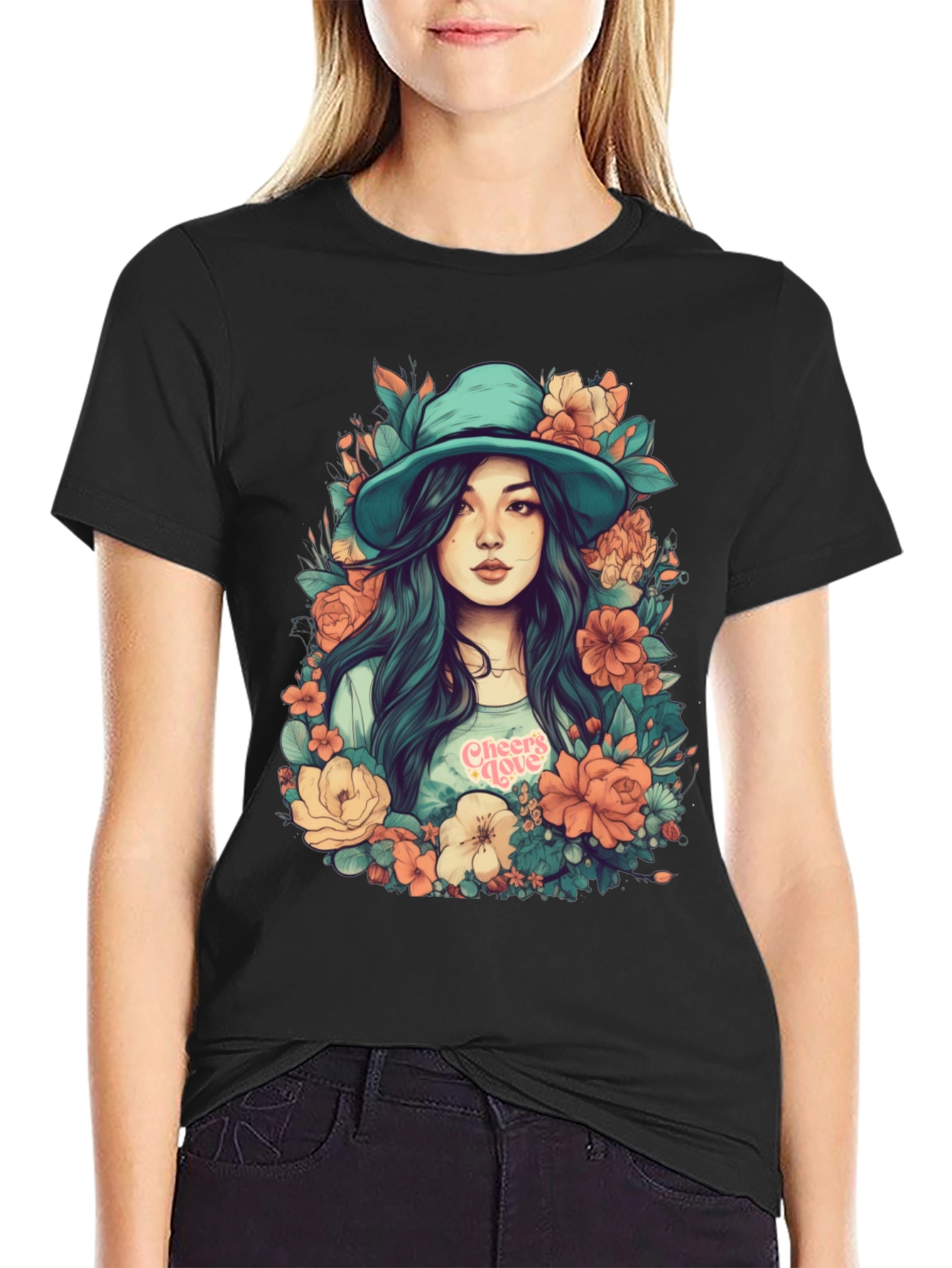 Floral Girl Graphic Print Black T-Shirt