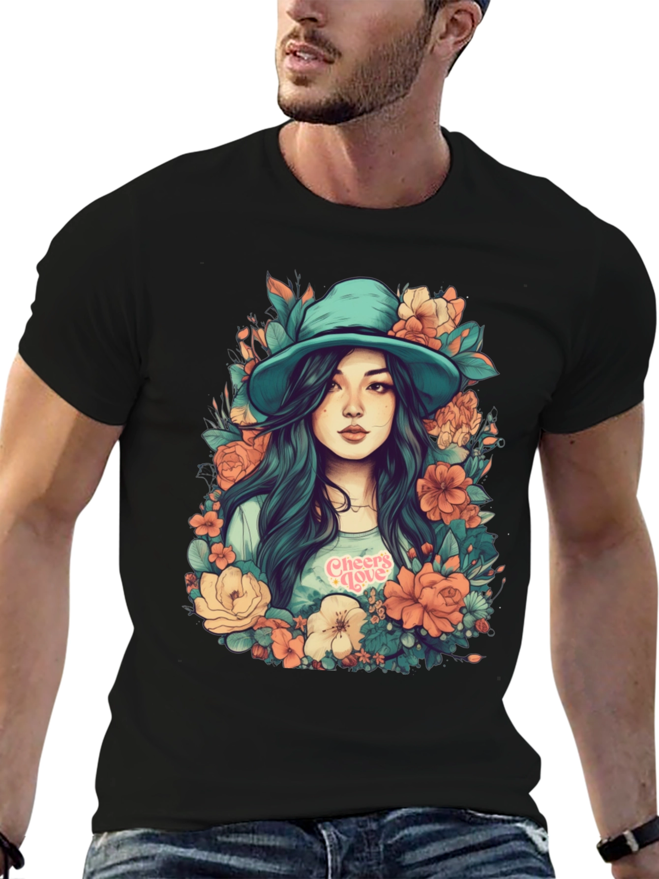 Floral Girl Graphic Print Black T-Shirt