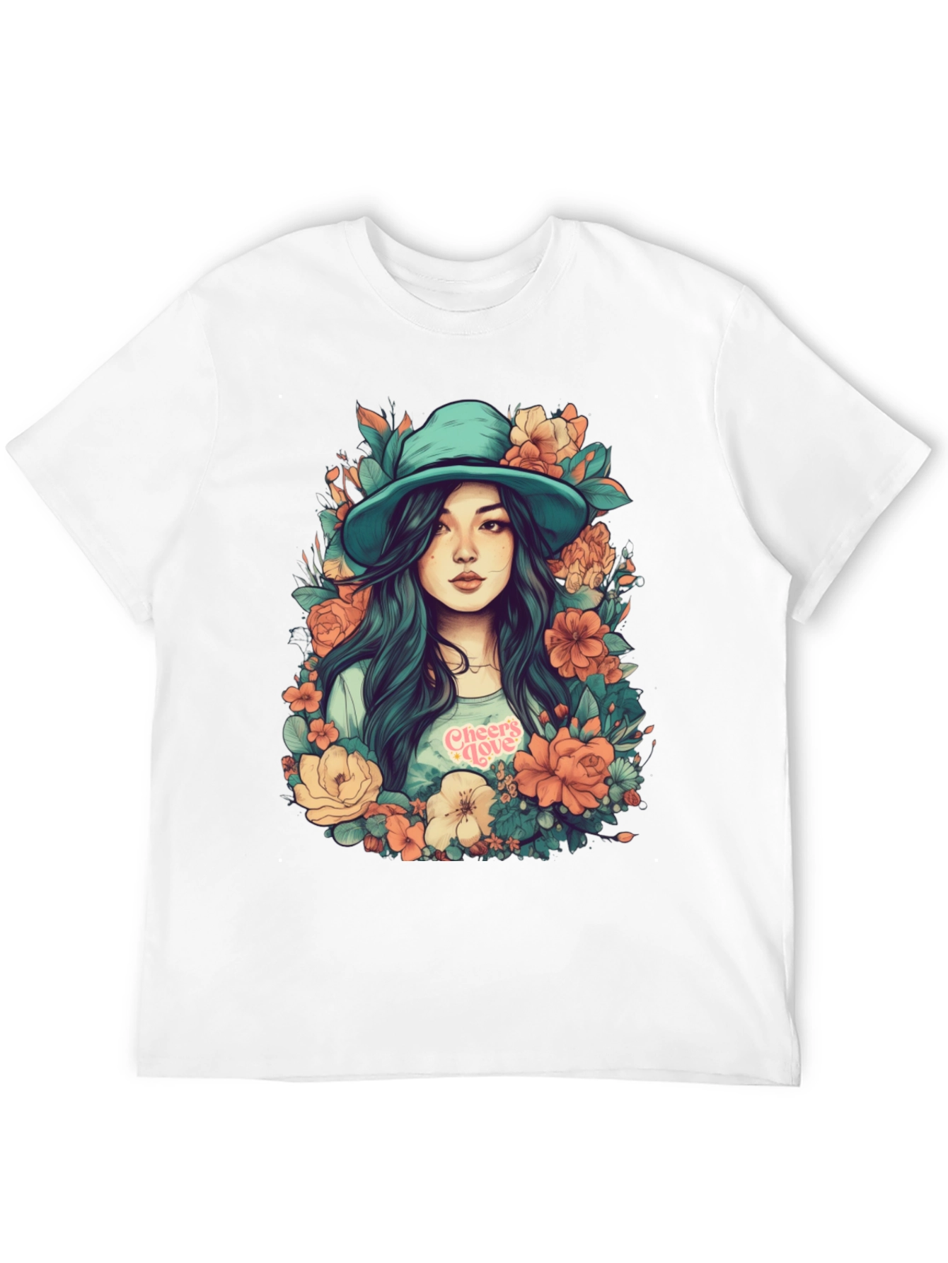 Floral Girl Graphic Print Black T-Shirt