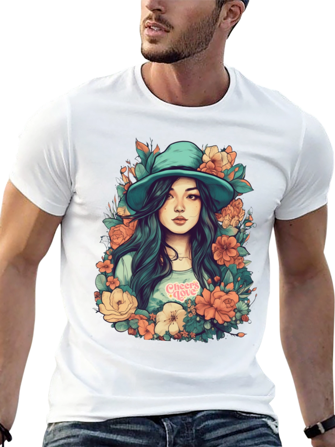 Floral Girl Graphic Print Black T-Shirt