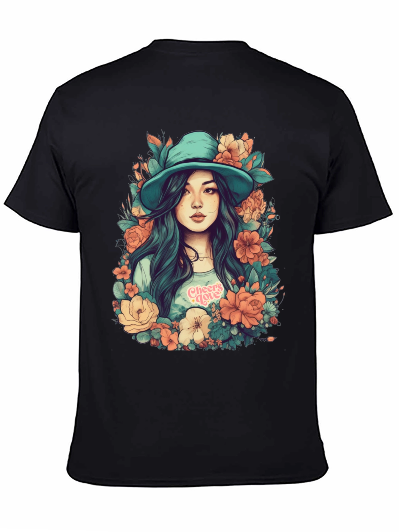 Floral Girl Graphic Print Black T-Shirt
