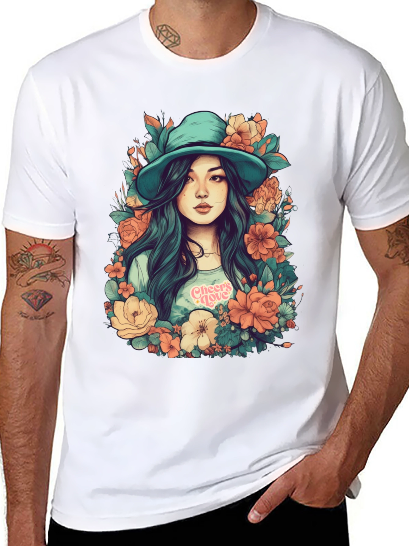 Floral Girl Graphic Print Black T-Shirt