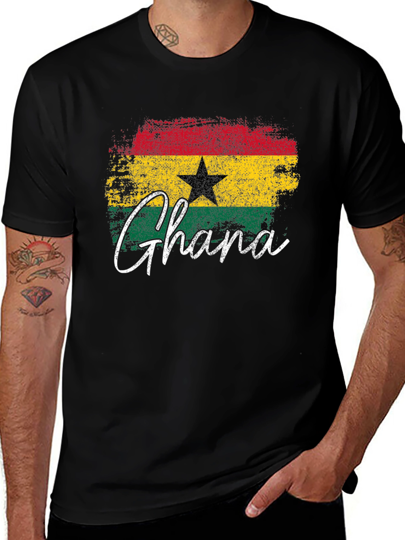 Ghana Flag T-Shirt - Distressed Style Black Tee