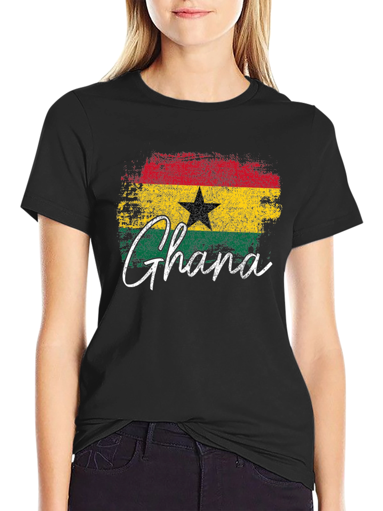 Ghana Flag T-Shirt - Distressed Style Black Tee